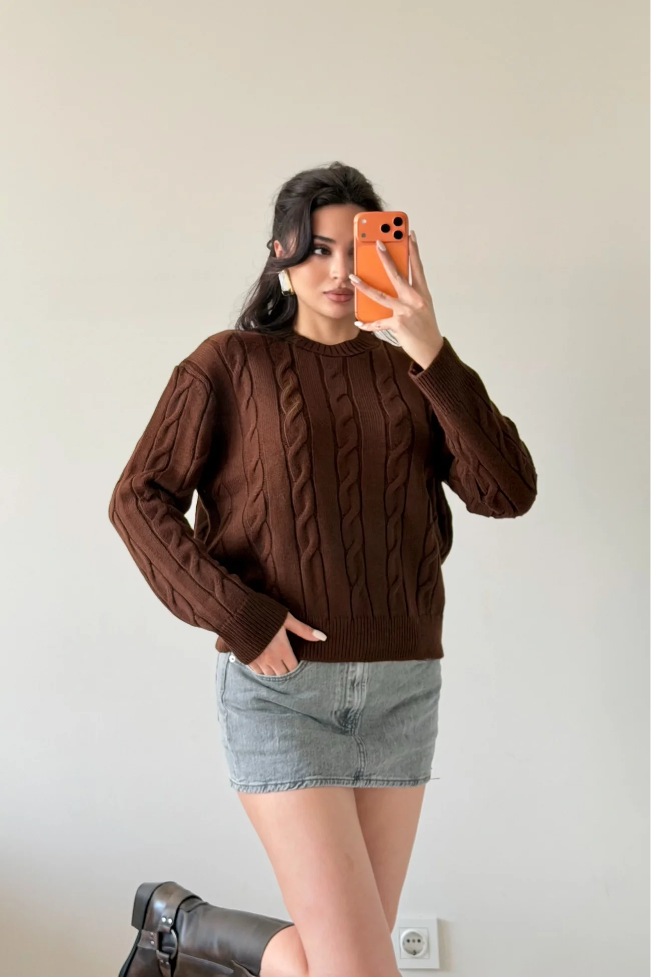 Kadın Kahve Saç Örgü Triko Kazak 1014-2573