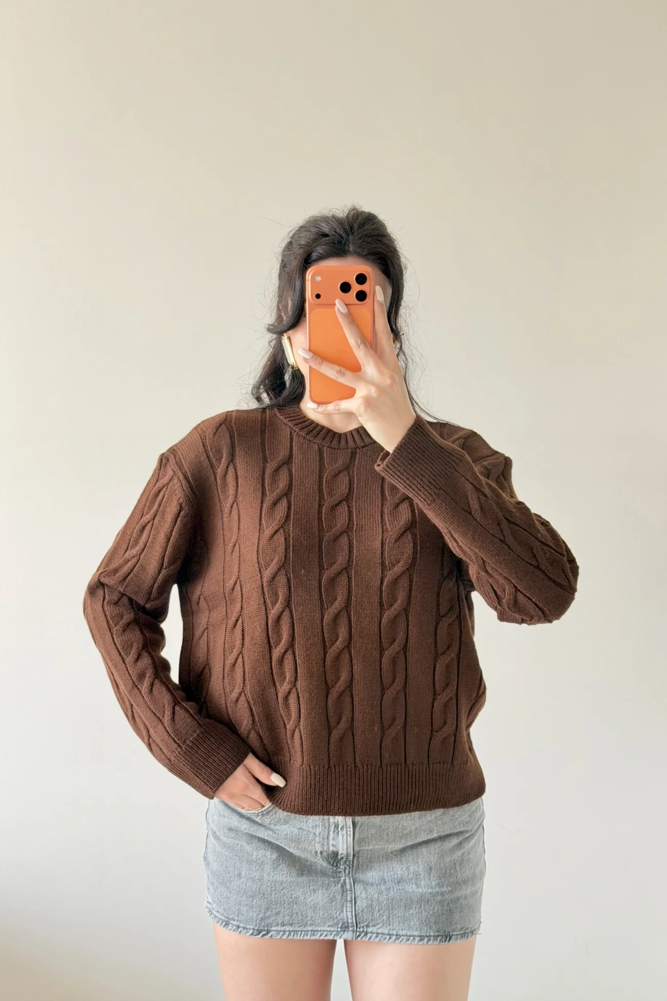 Kadın Kahve Saç Örgü Triko Kazak 1014-2573