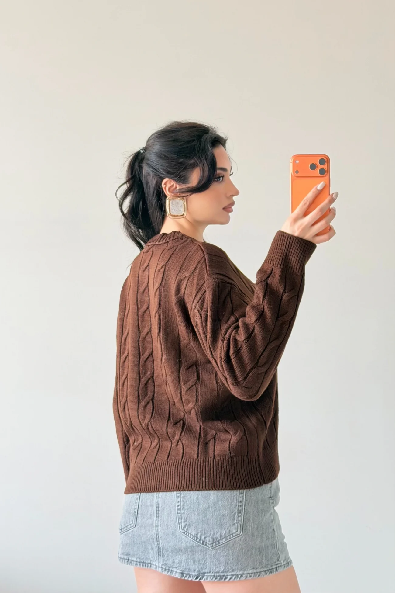 Kadın Kahve Saç Örgü Triko Kazak 1014-2573