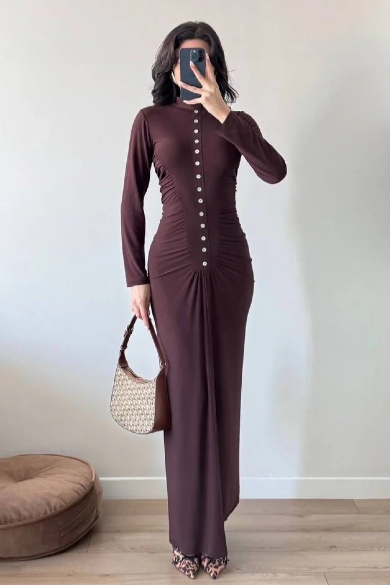 Kadın Kahve Sedef Düğme Sendy Elbise 1041-2705