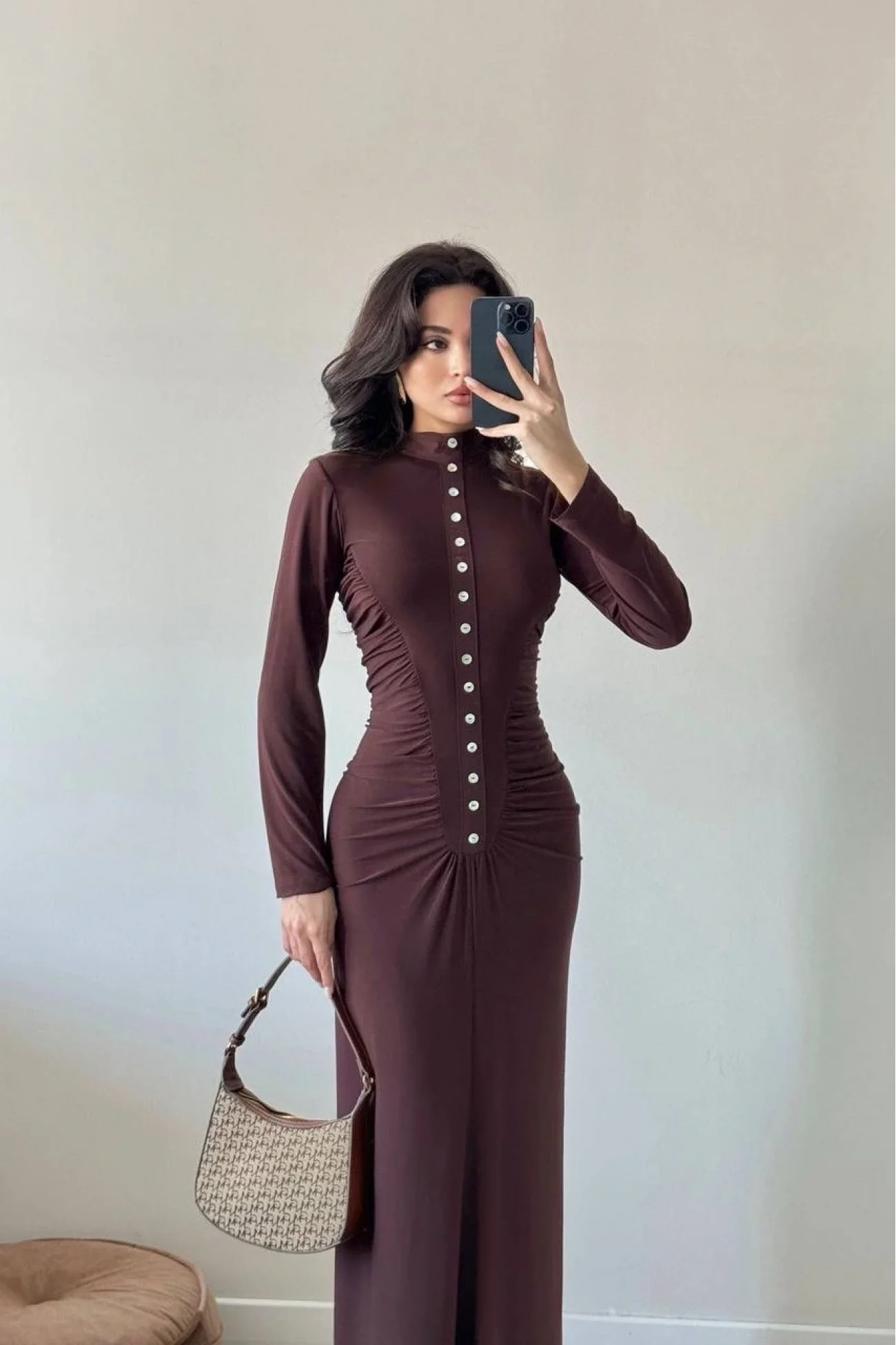 Kadın Kahve Sedef Düğme Sendy Elbise 1041-2705