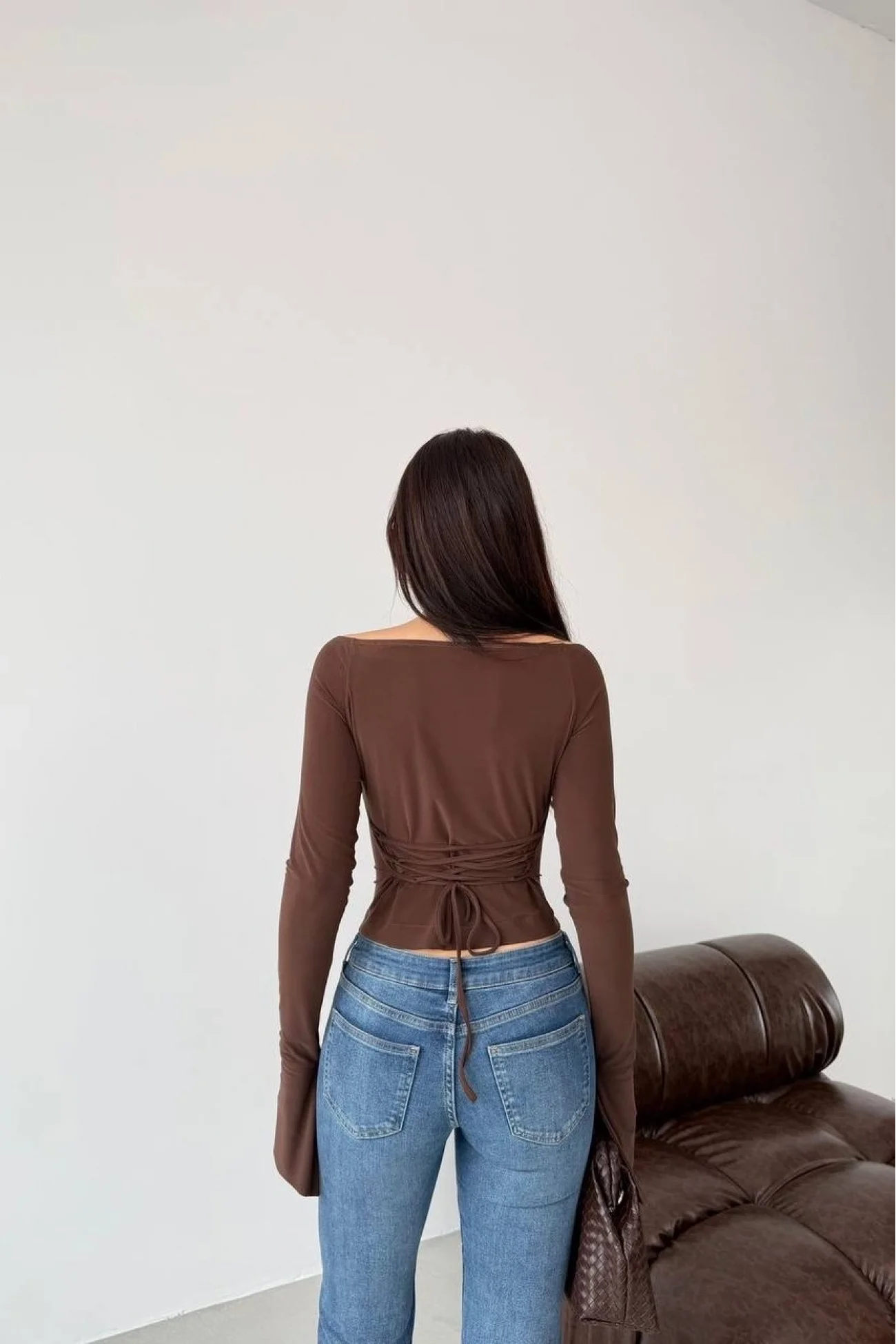 Kadın Kahve Sırt Bağlamalı İspanyol Kol Bluz 1041-2772