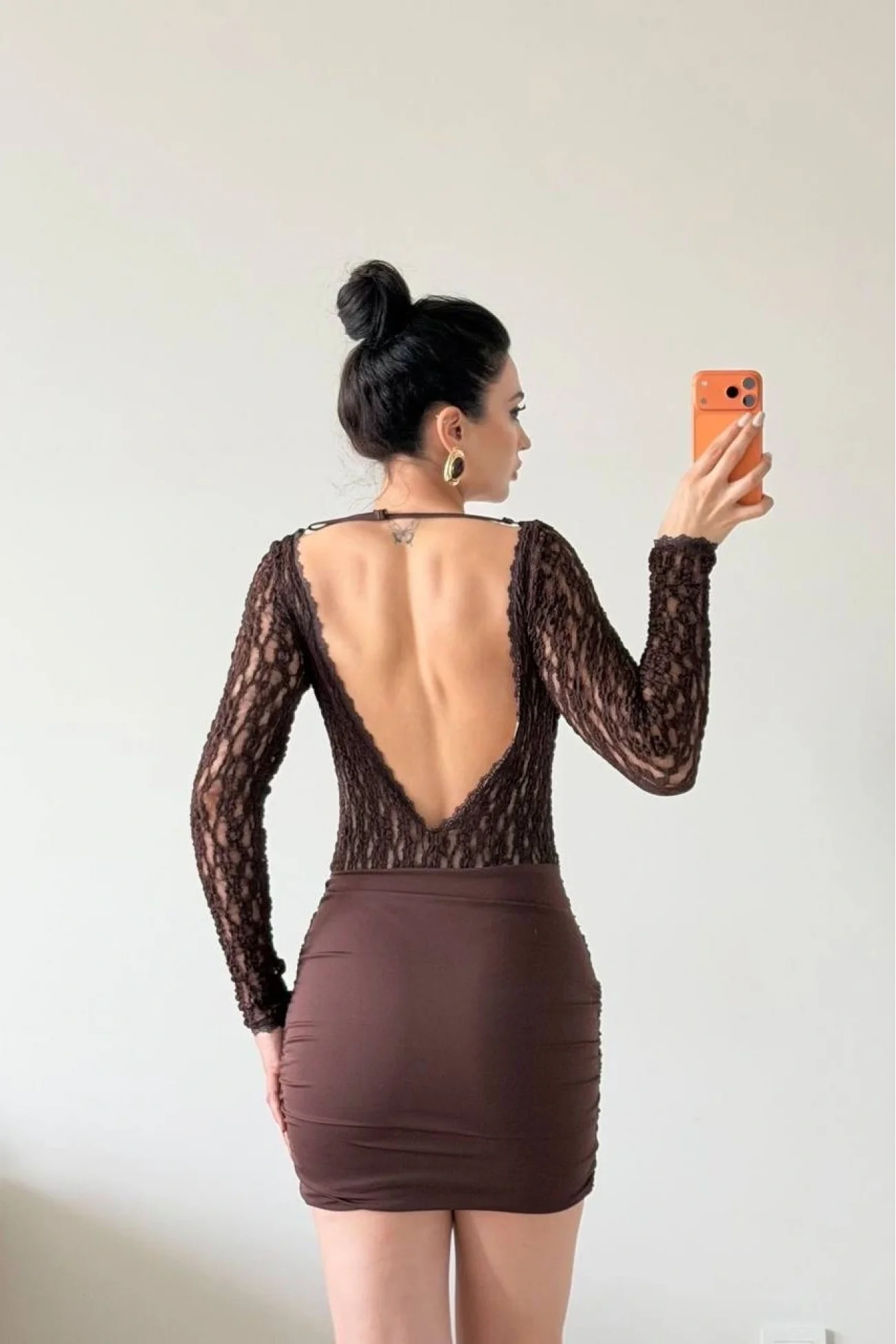 Kadın Kahve Sırt Dekolte Dantelli Elbise 1041-2767