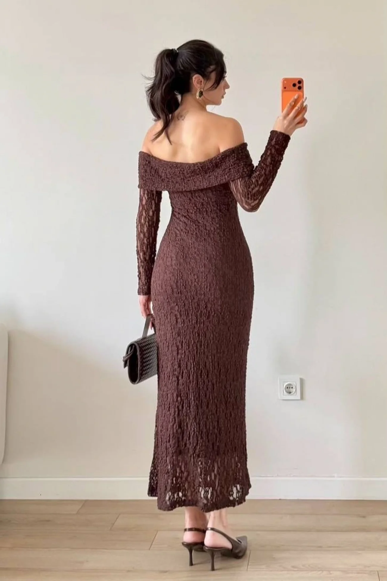 Kadın Kahve Straplez Yaka Dantelli Elbise 1041-2733