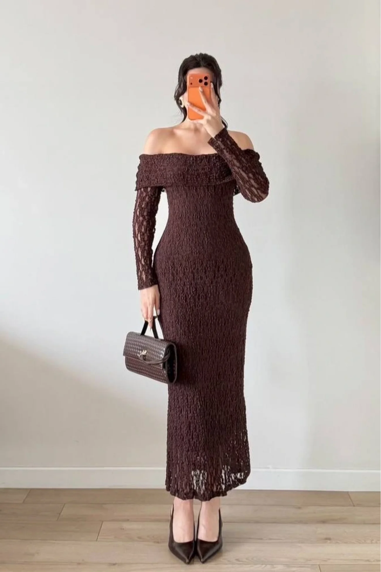 Kadın Kahve Straplez Yaka Dantelli Elbise 1041-2733