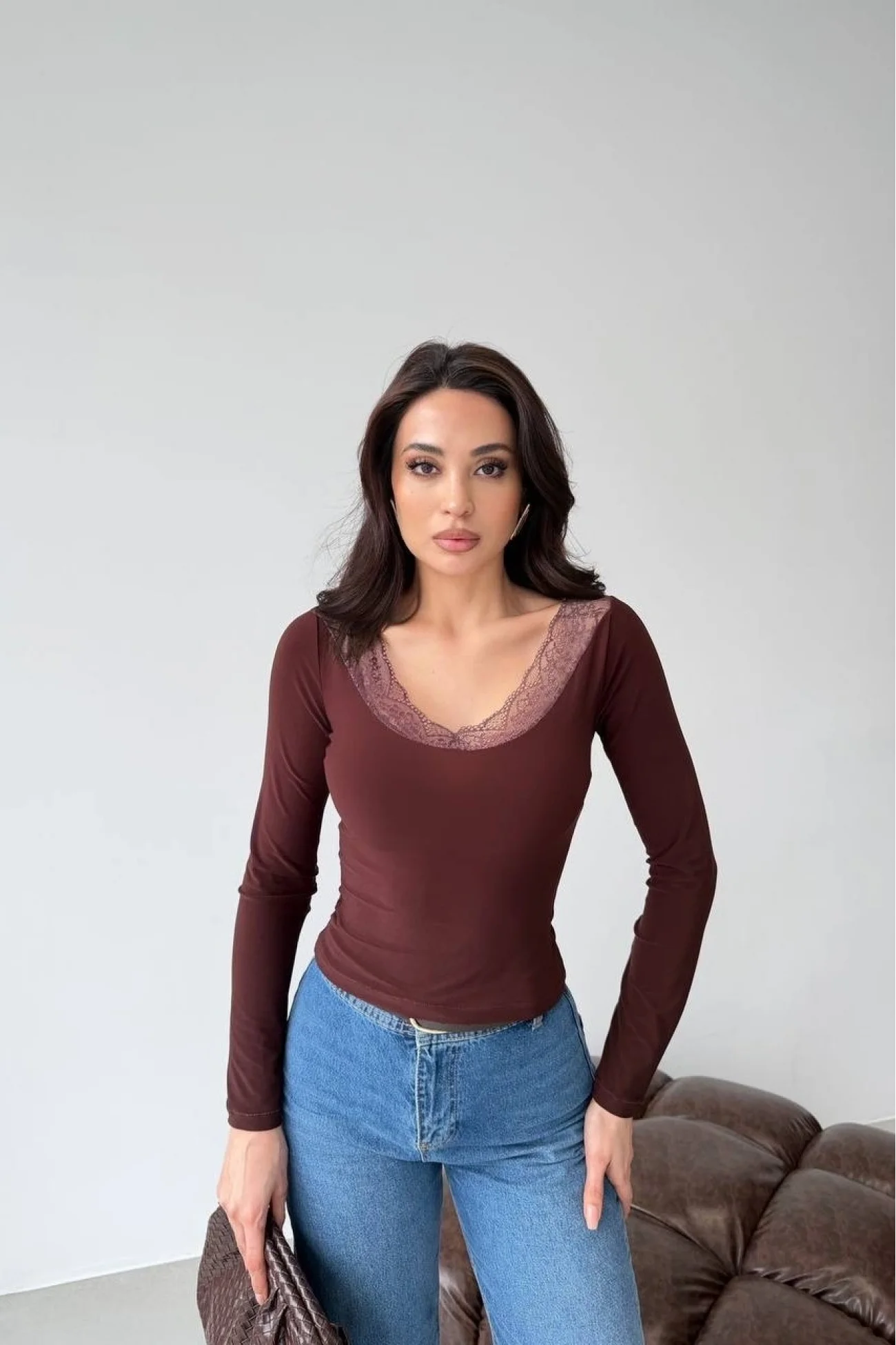 Kadın Kahve Yaka Dantelli Bluz 1041-2769