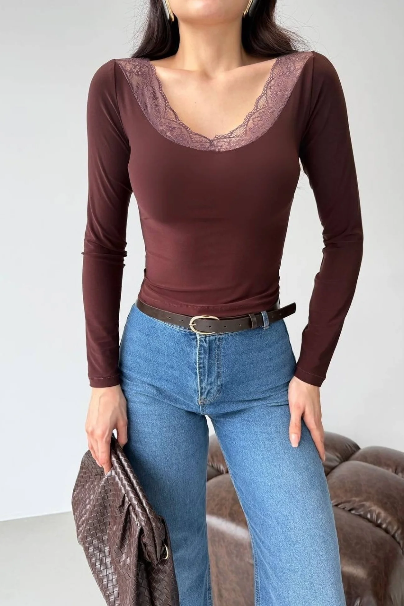 Kadın Kahve Yaka Dantelli Bluz 1041-2769