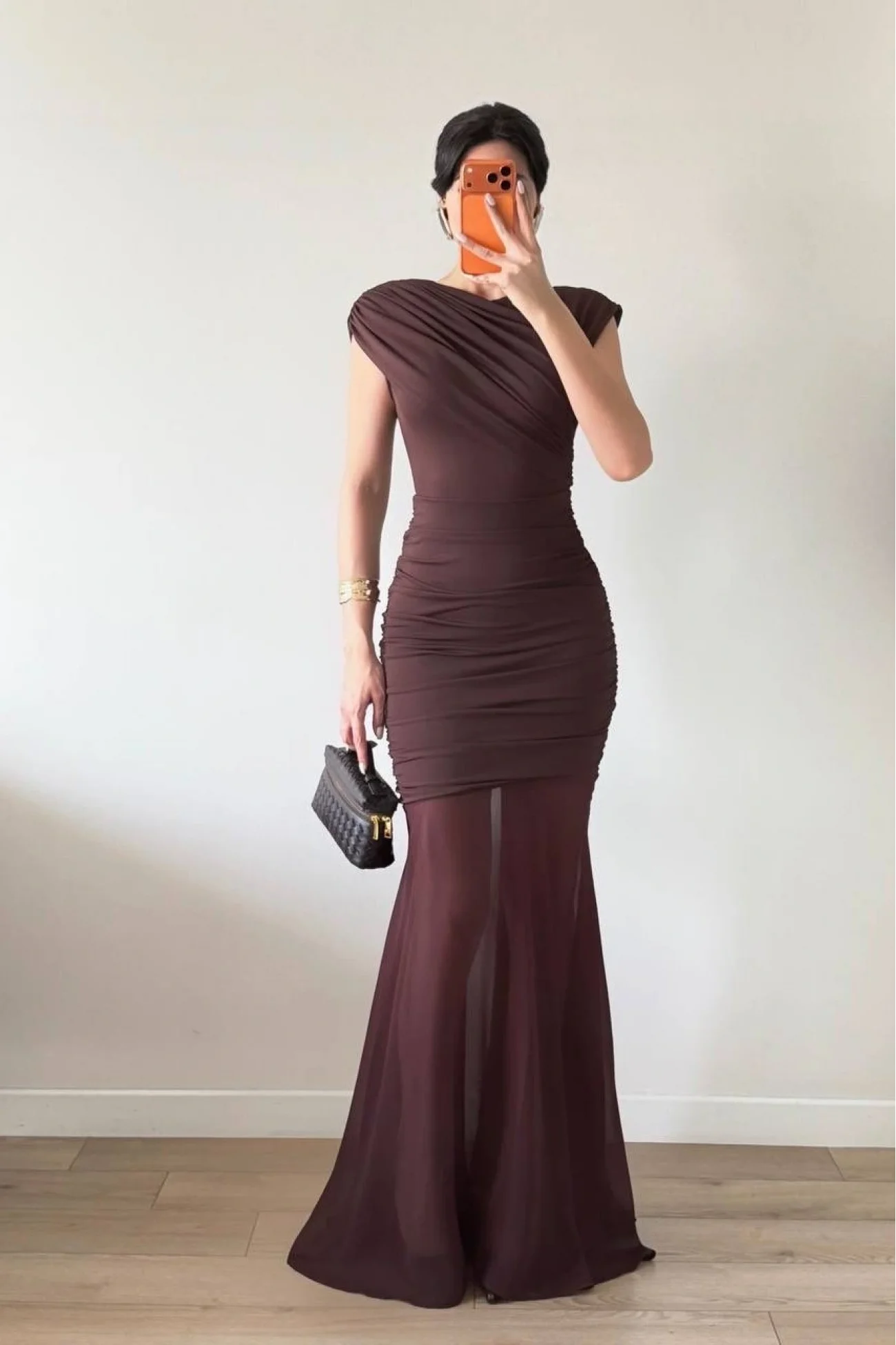 Kadın Kahve Yan Drapeli Transparan Etekli Elbise 1041-2636