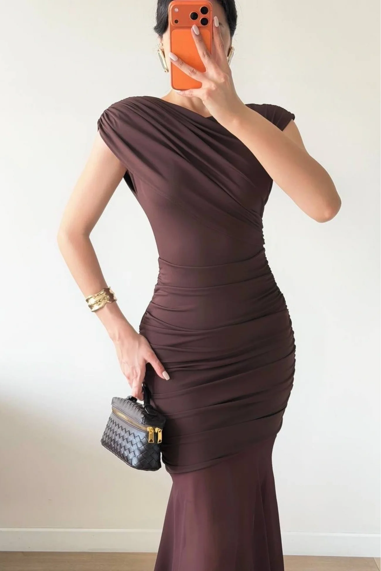 Kadın Kahve Yan Drapeli Transparan Etekli Elbise 1041-2636