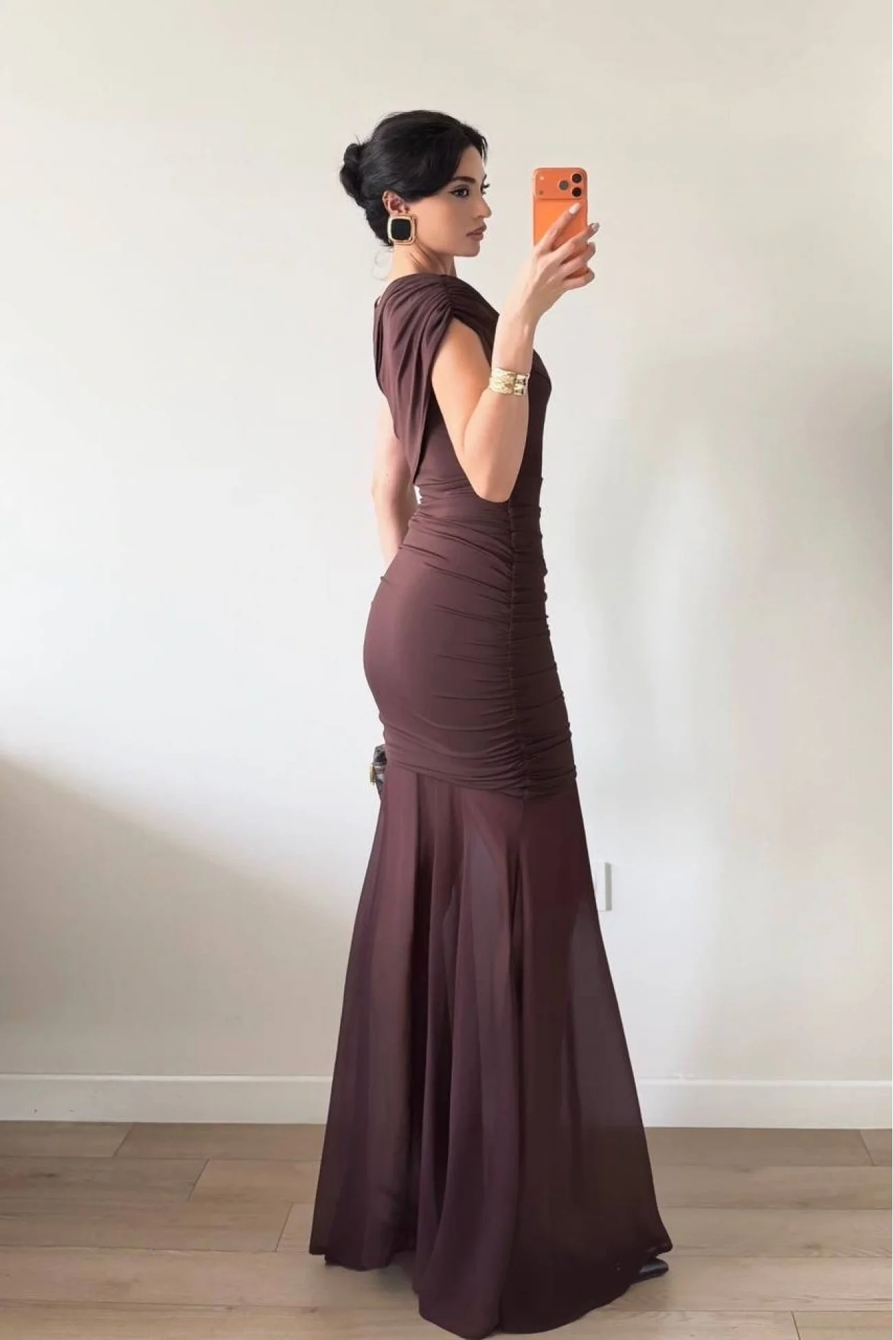 Kadın Kahve Yan Drapeli Transparan Etekli Elbise 1041-2636