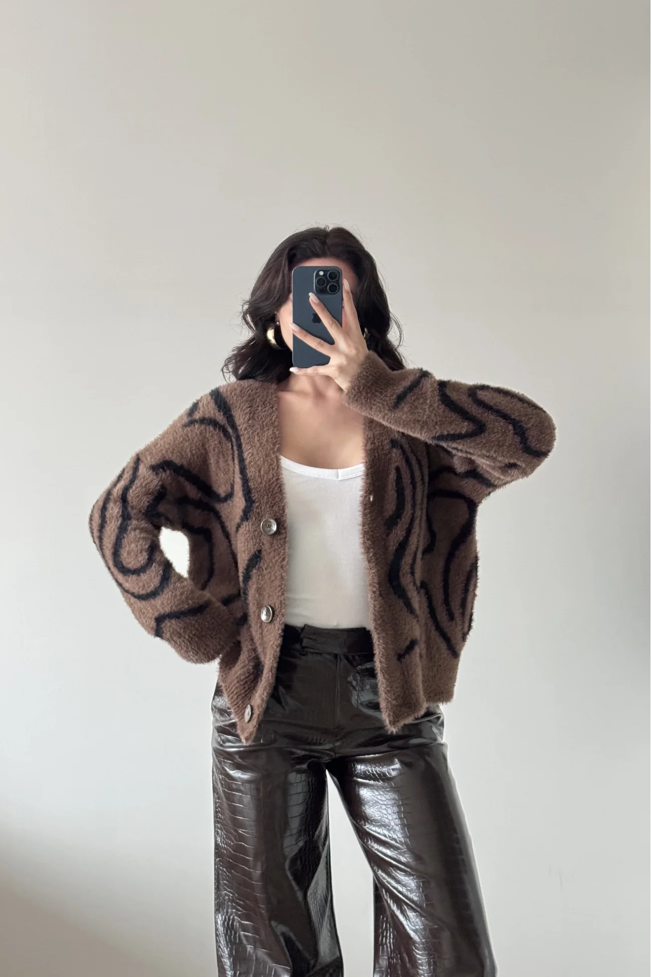 Kadın Kahve Zebra Desen Hırka 2520