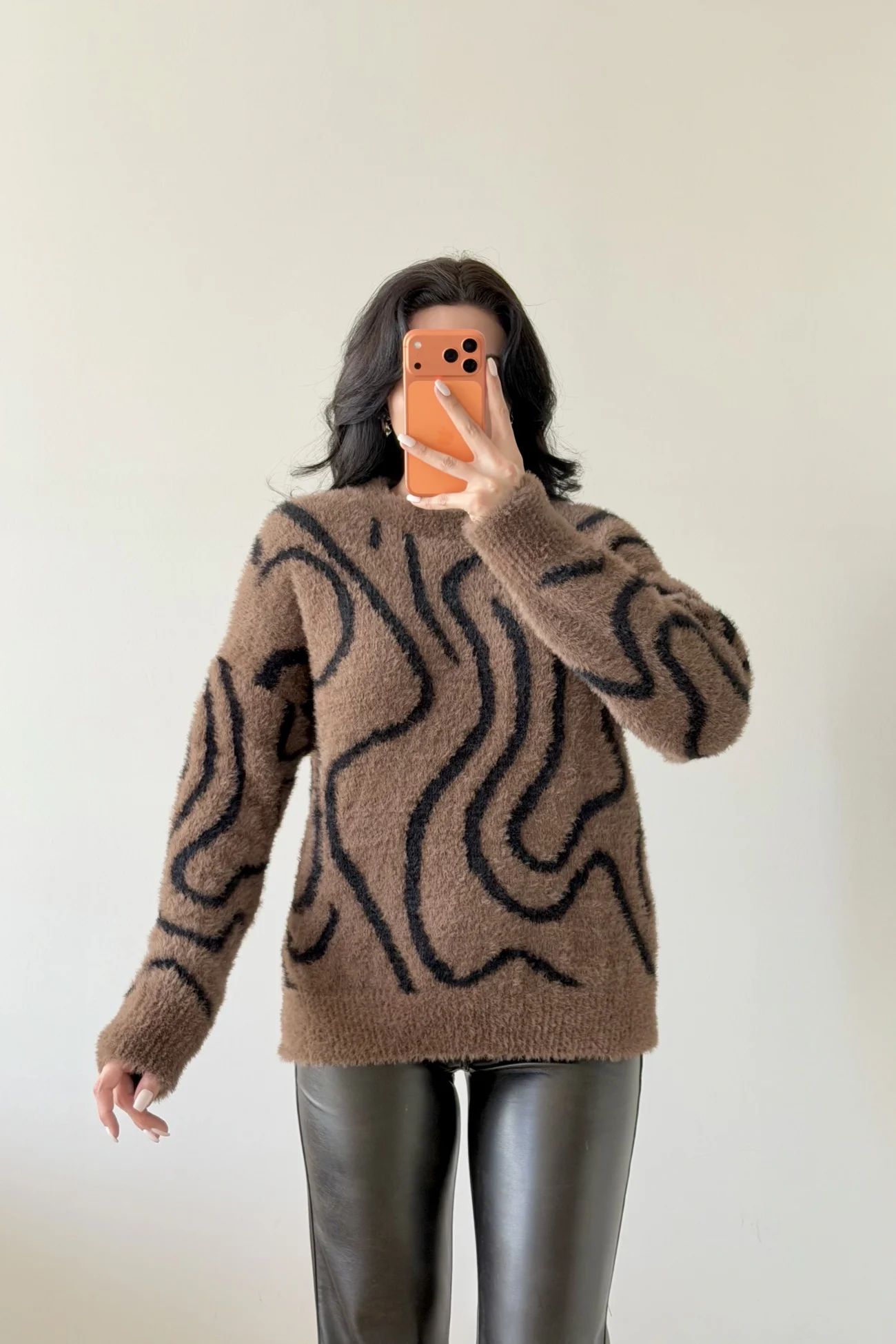 Kadın Kahve Zebra Desen Kazak 1014-2513