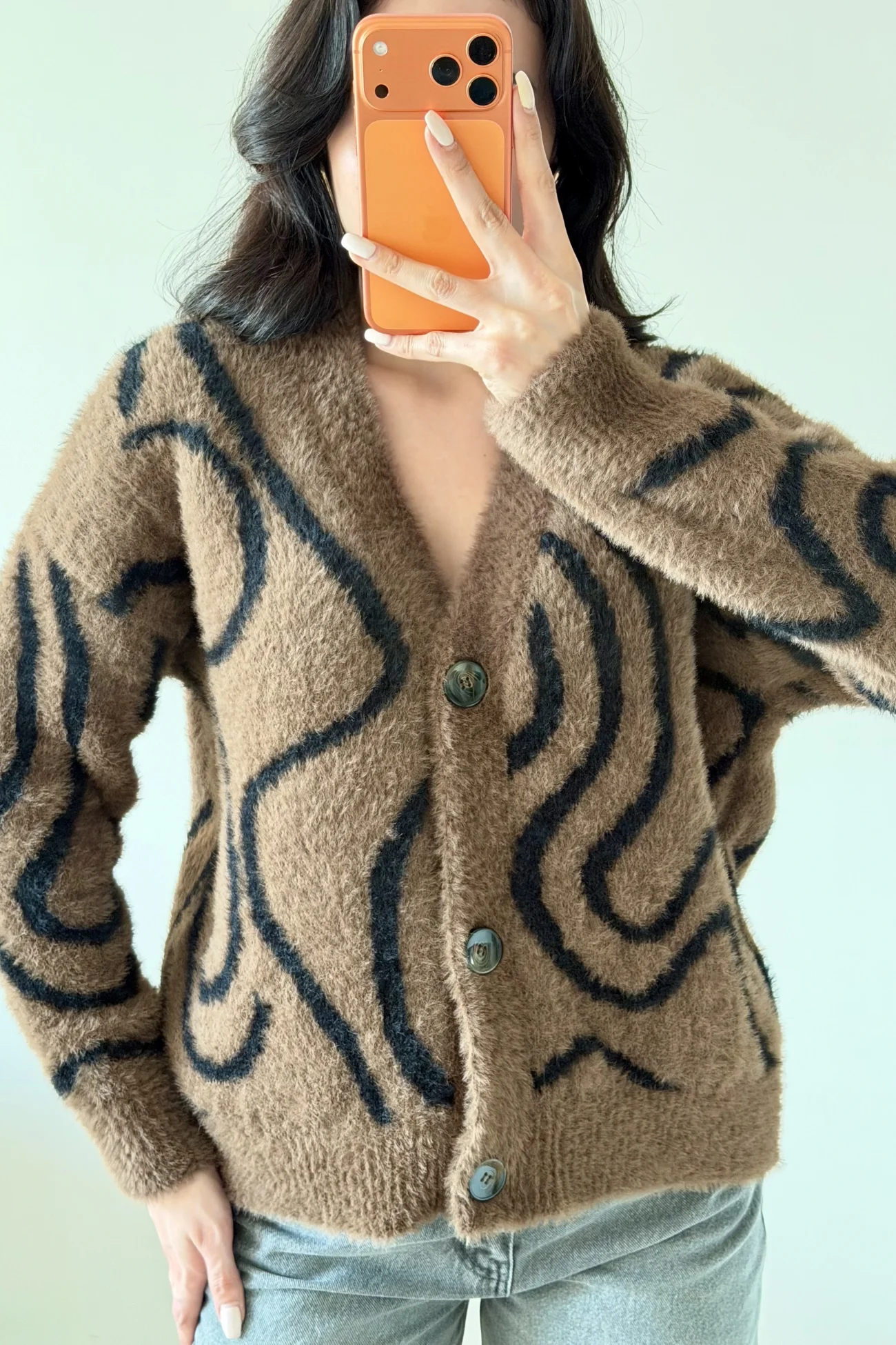 Kadın Kahve Zebra Desen Peluş Hırka 1014-2520