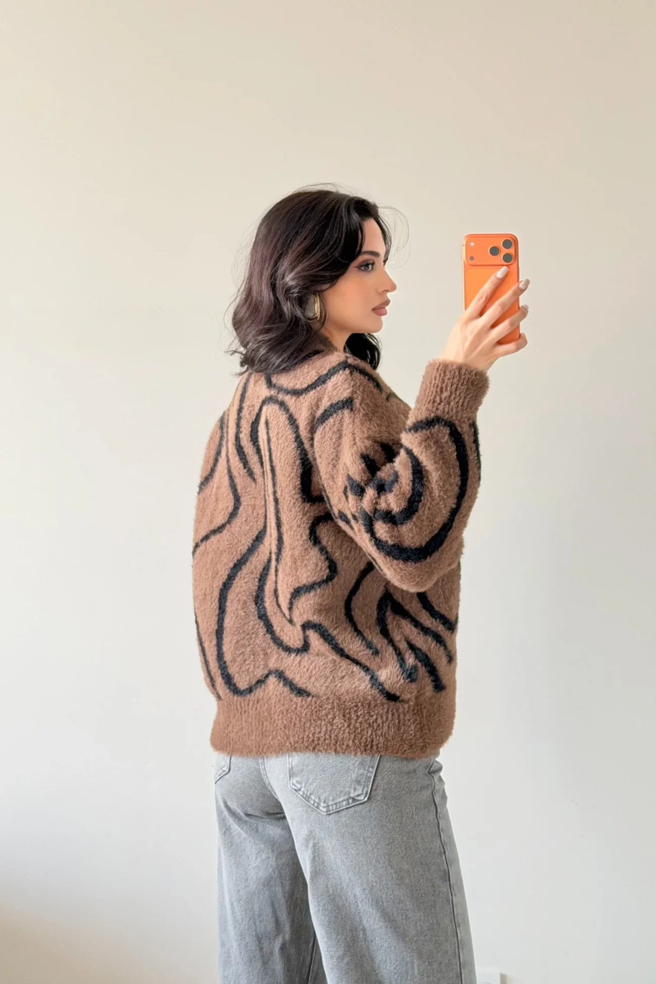 Kadın Kahve Zebra Desen Peluş Hırka 1014-2520