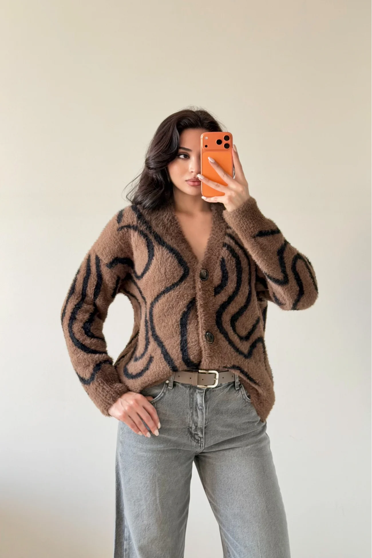 Kadın Kahve Zebra Desen Peluş Hırka 1014-2520