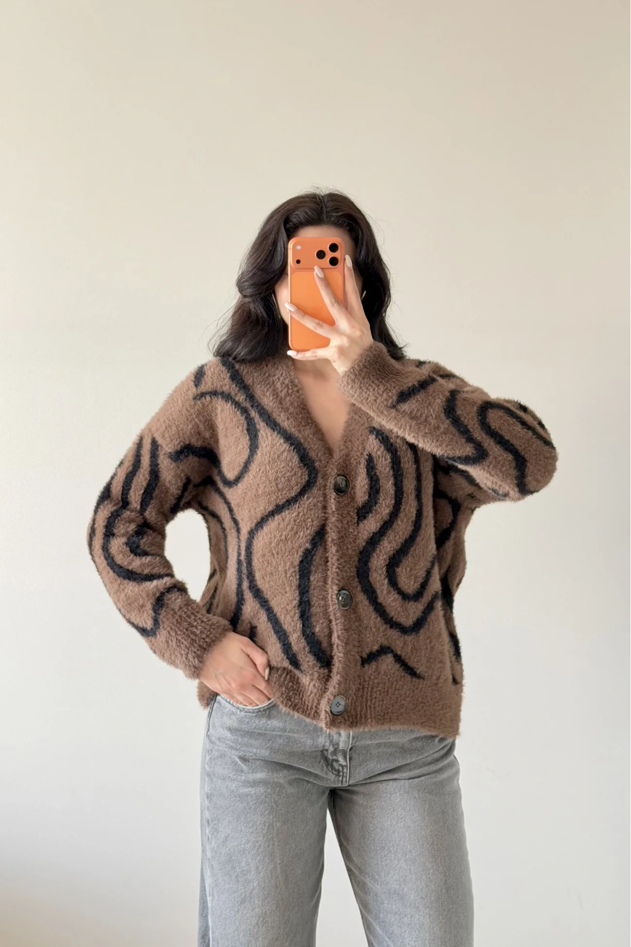 Kadın Kahve Zebra Desen Peluş Hırka 1014-2520