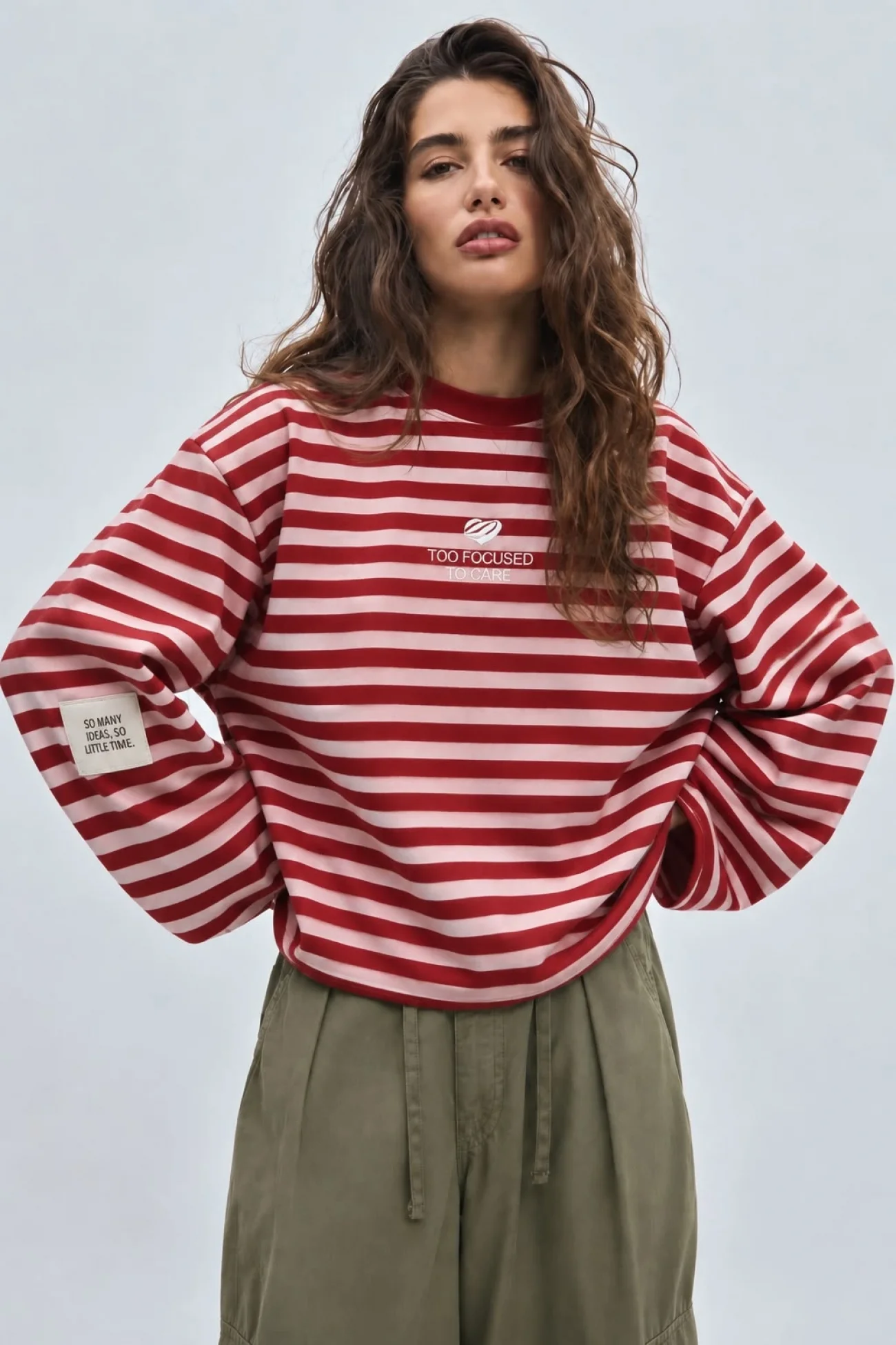 Kadın Kırmızı Çizgili Üç İplik Şardonlu Sweatshirt 8899