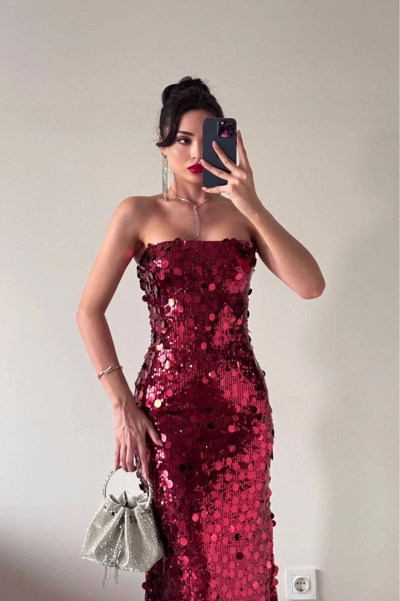 Kadın Kırmızı Straplez PulPayet Elbise 1041-2719