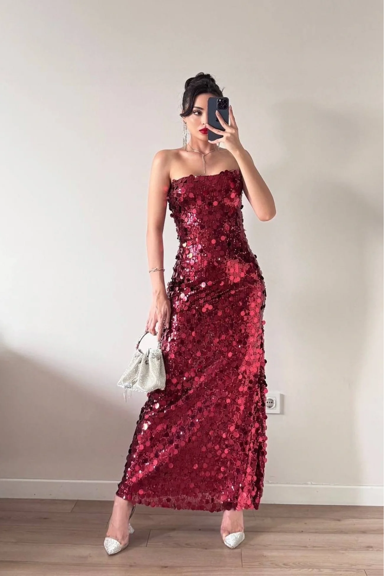 Kadın Kırmızı Straplez PulPayet Elbise 1041-2719