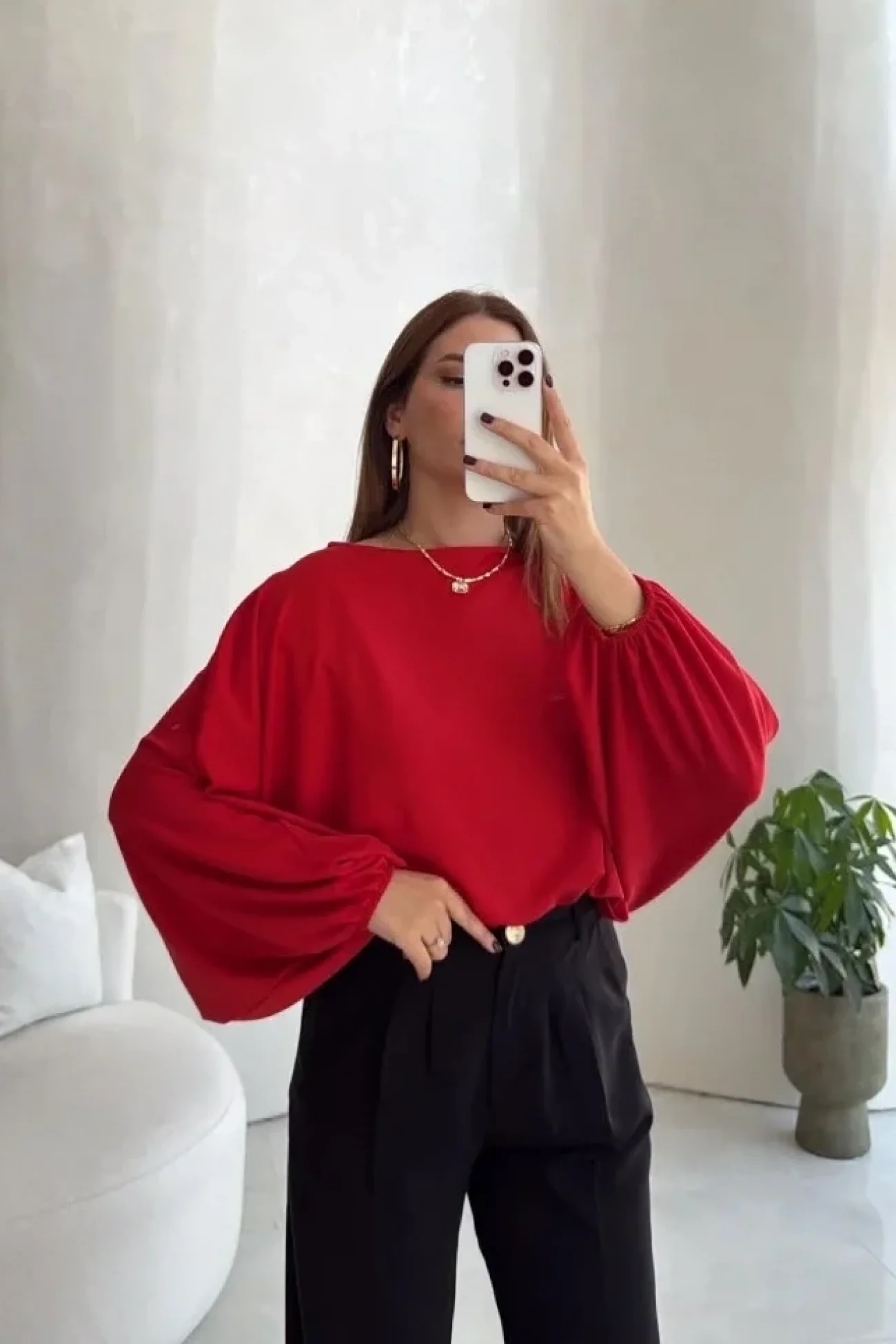 Kadın Kırmızı Yarasa Kol Oversize Bluz 1627