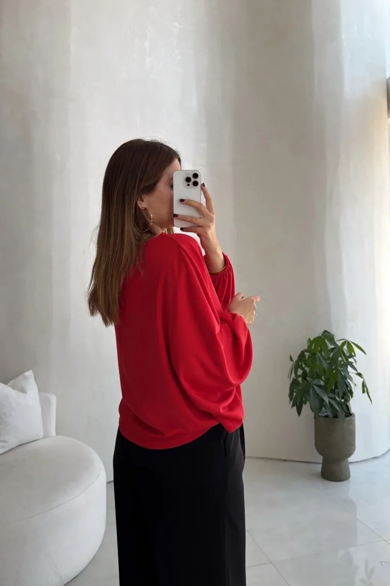 Kadın Kırmızı Yarasa Kol Oversize Bluz 1627