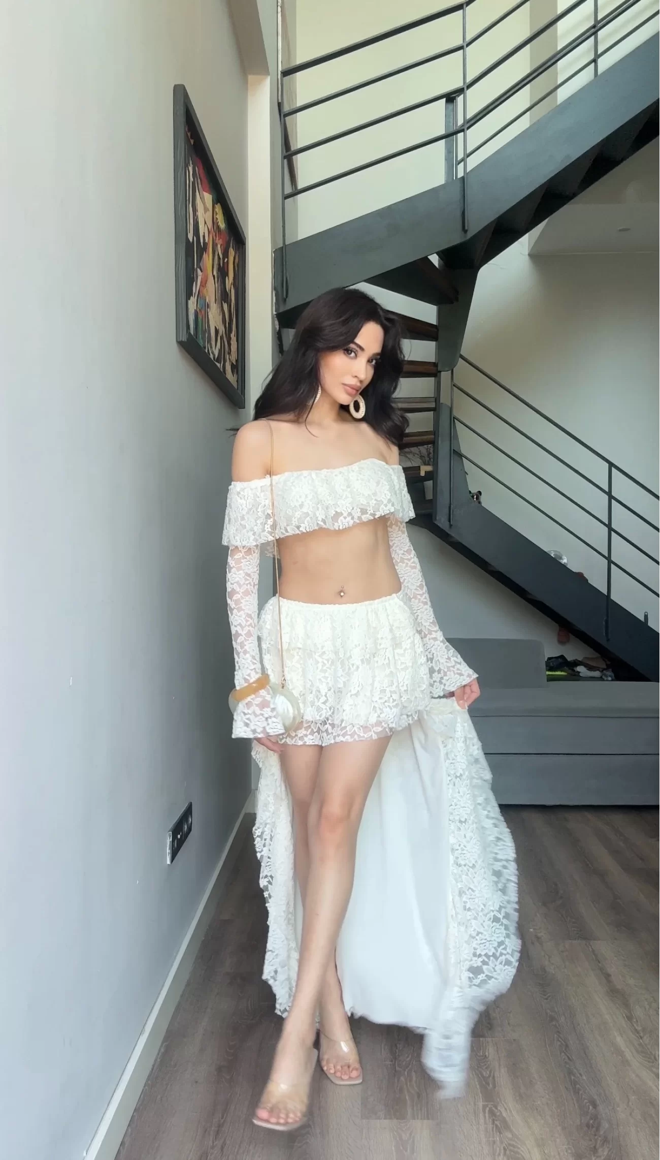 Kadın Krem Dantel Crop Takım 1039-3074