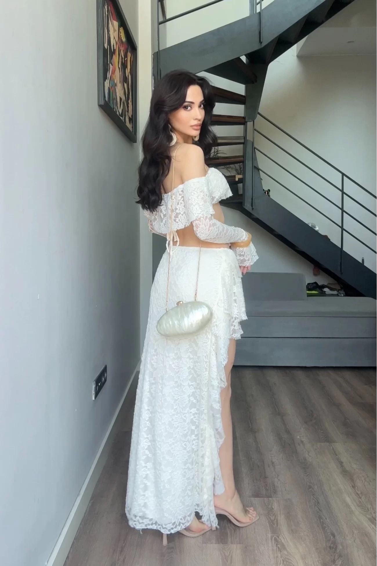 Kadın Krem Dantel Crop Takım 1039-3074