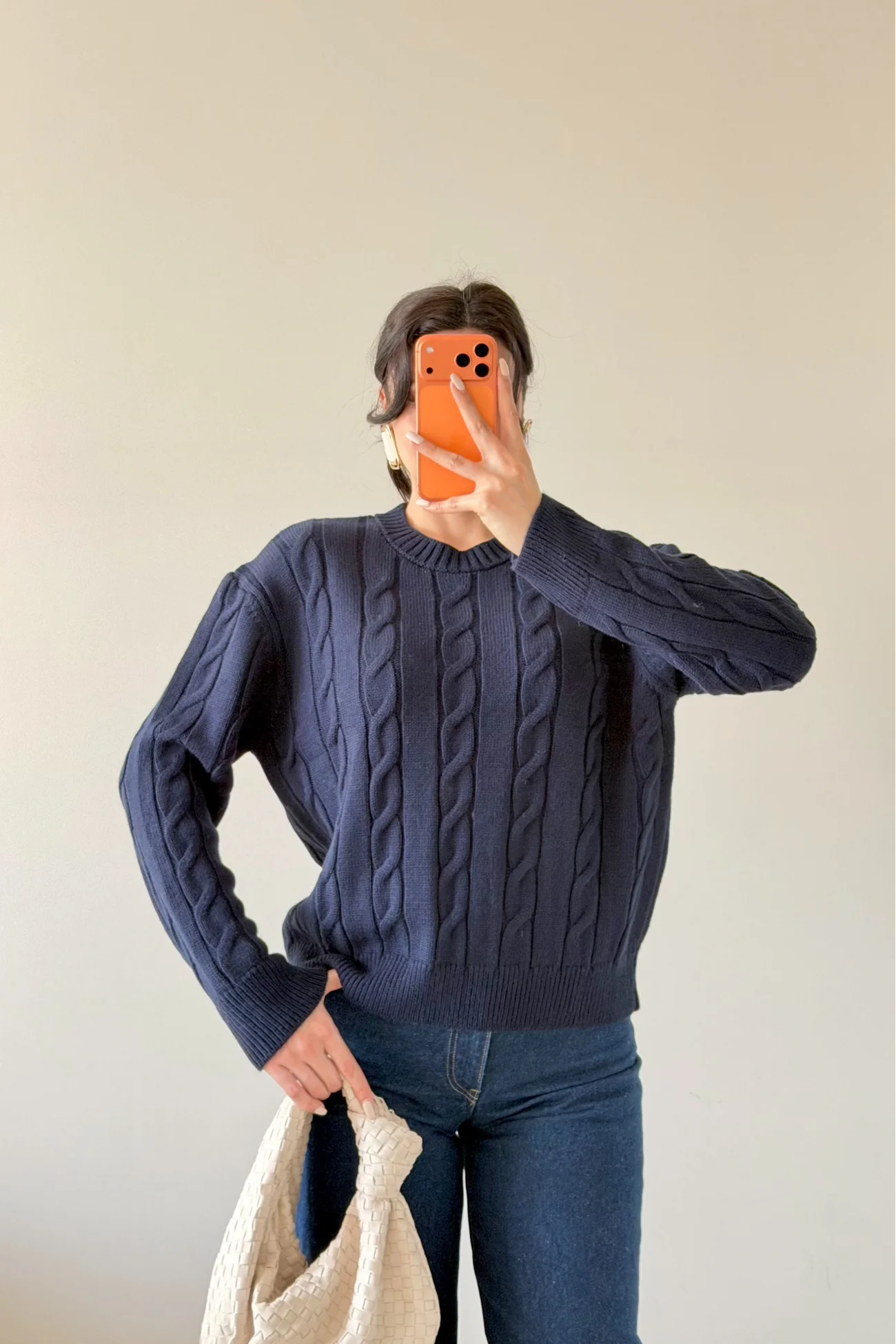 Kadın Lacivert Saç Örgü Triko Kazak 1014-2573