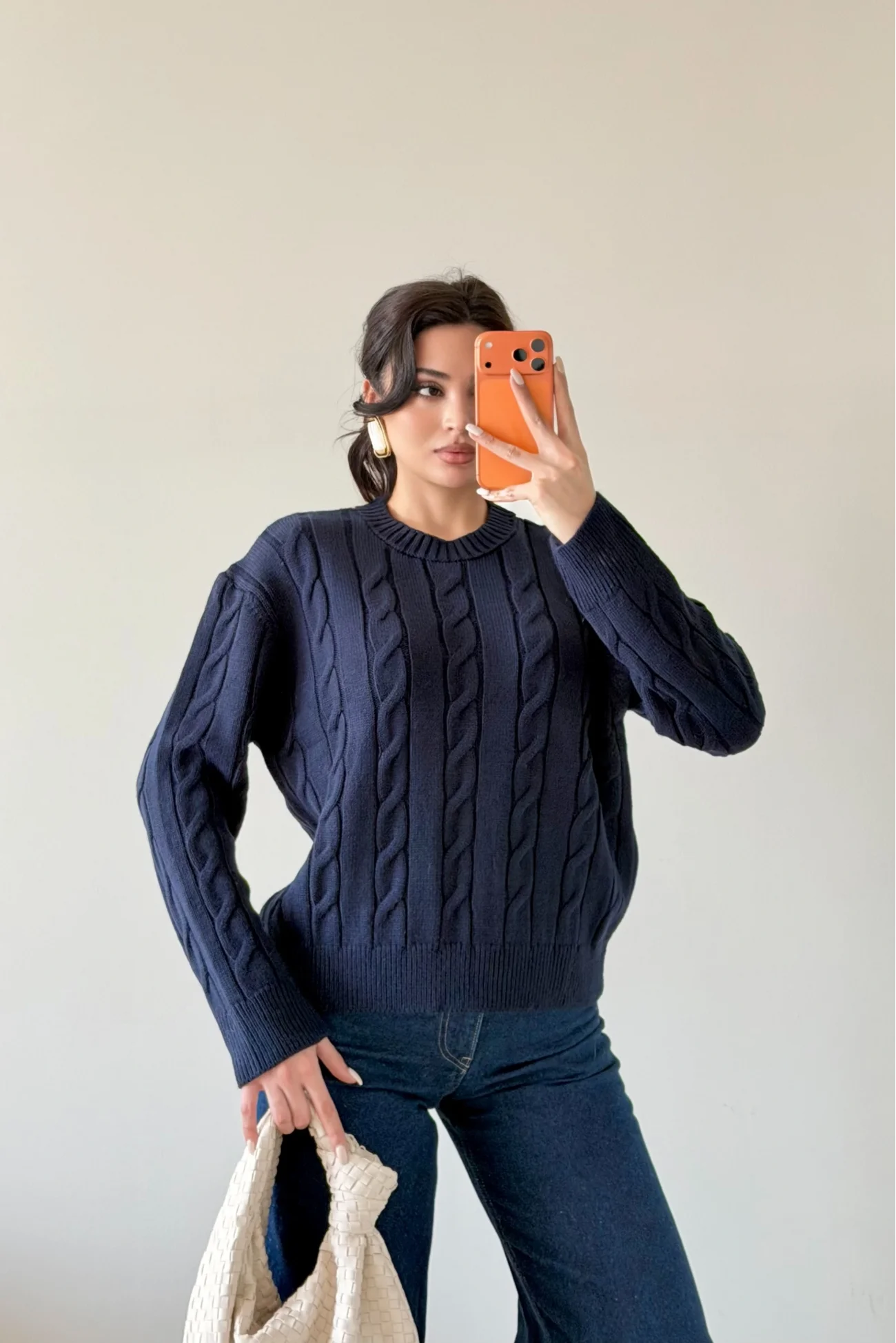 Kadın Lacivert Saç Örgü Triko Kazak 1014-2573