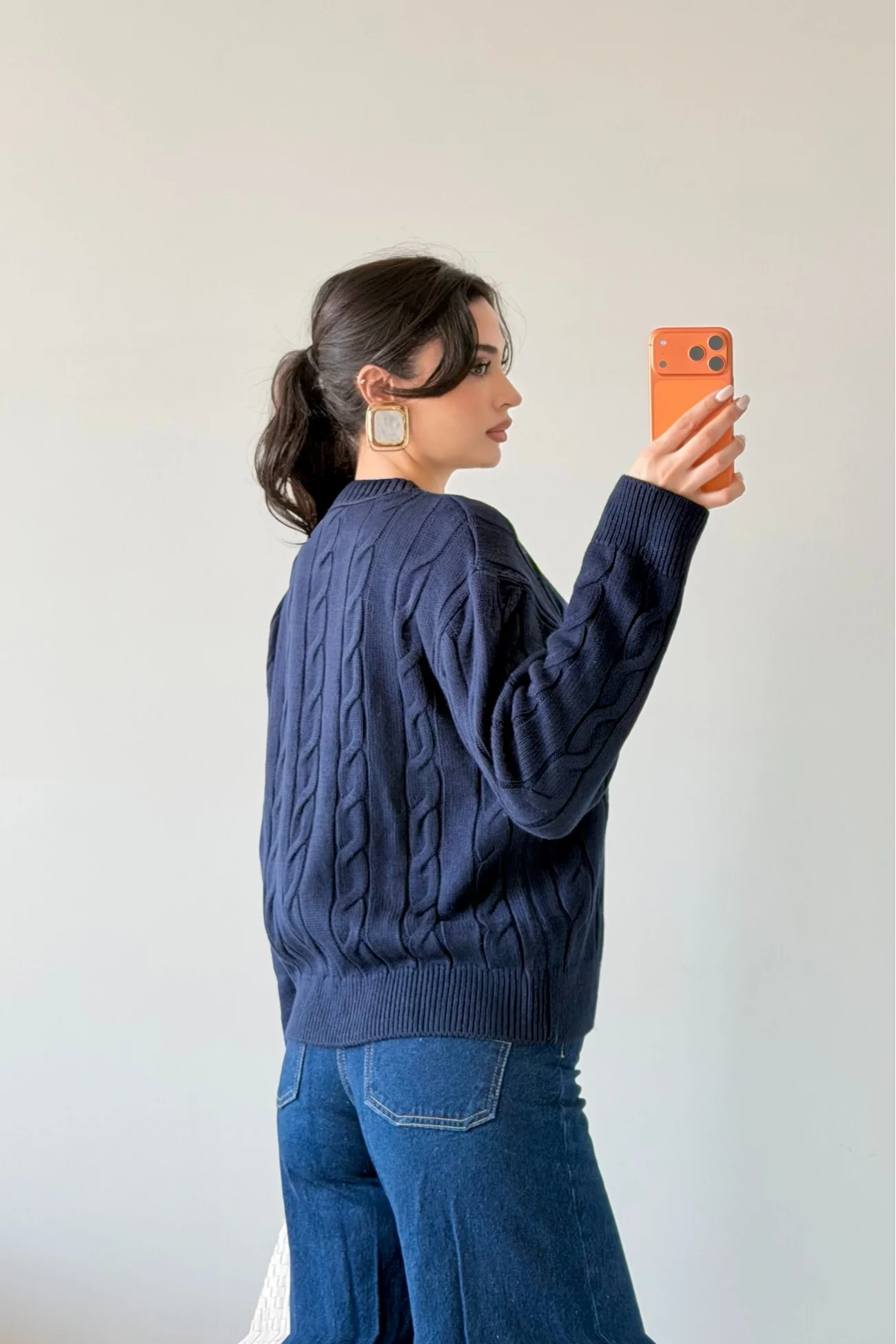 Kadın Lacivert Saç Örgü Triko Kazak 1014-2573