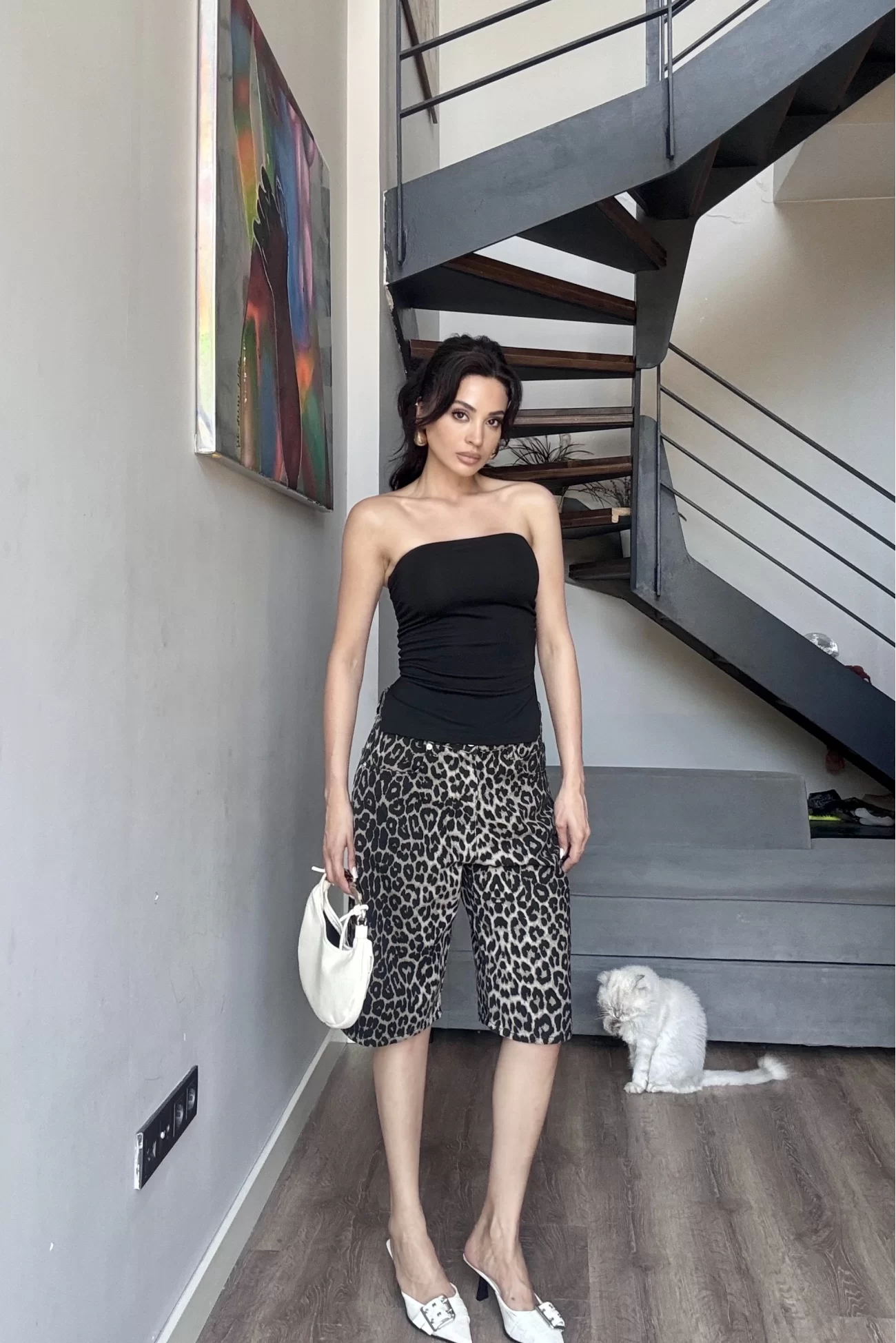 Kadın Leopar Desenli Kot Şort 1034-0008