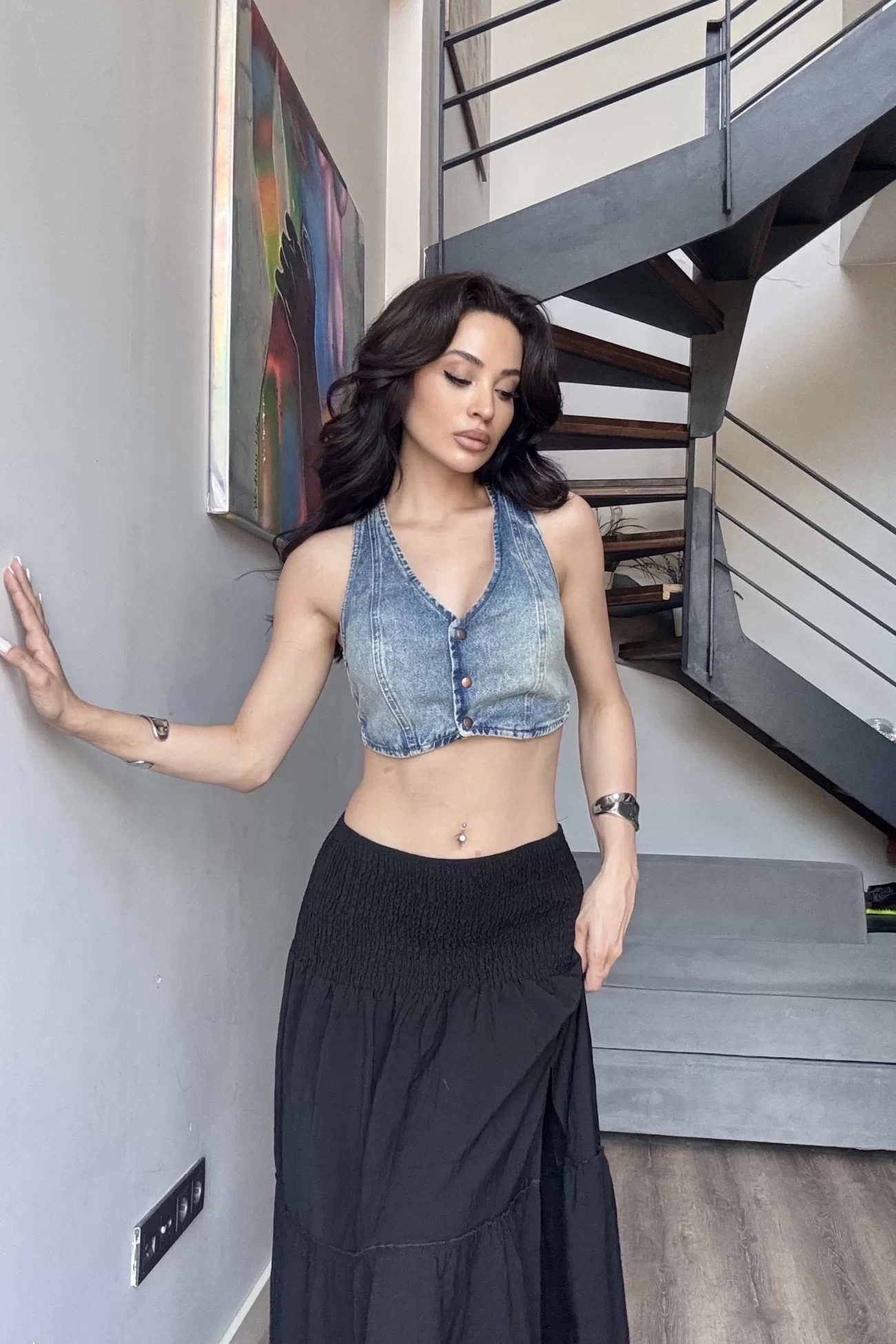 Kadın Mavi Crop Kot Yelek 1034-0006