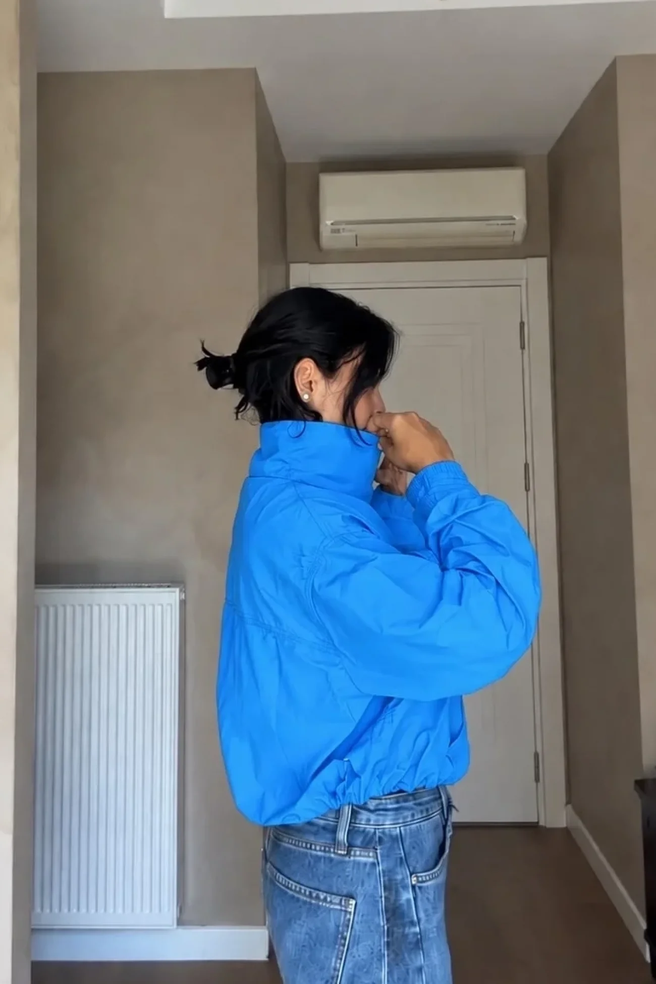 Kadın Mavi Dik Yaka Paraşüt Kumaş Çıtçıtlı Bomber Ceket 4021