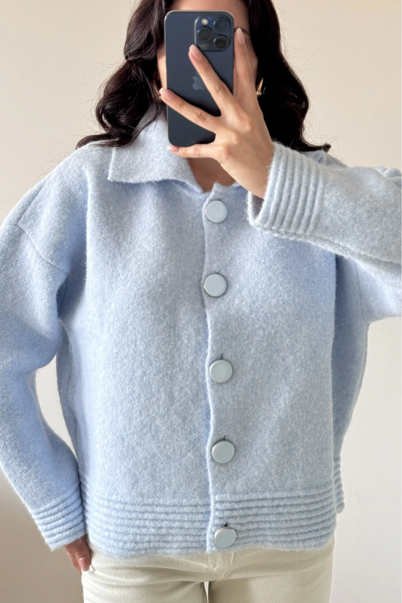 Kadın Mavi Polo Yaka Hırka 1014-2496