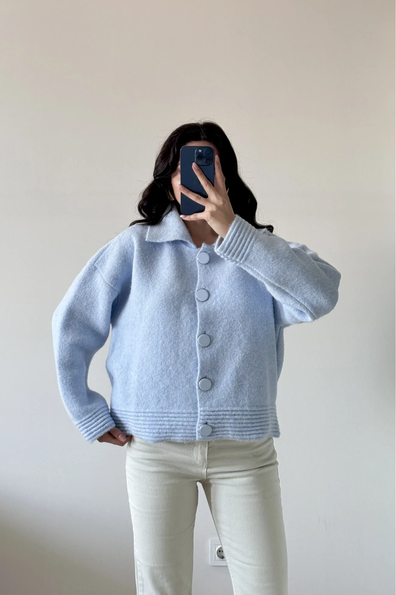 Kadın Mavi Polo Yaka Hırka 1014-2496