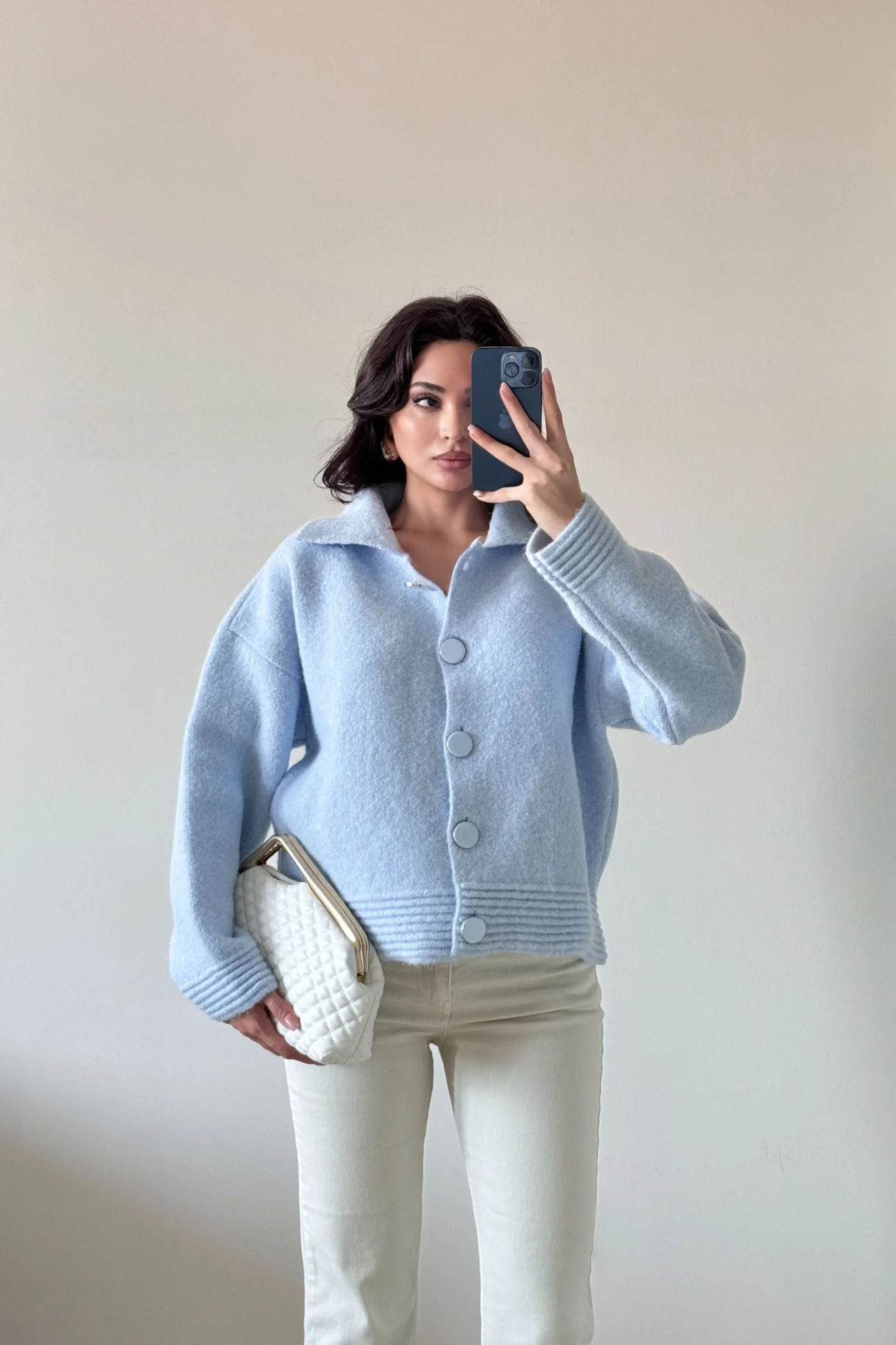 Kadın Mavi Polo Yaka Hırka 1014-2496