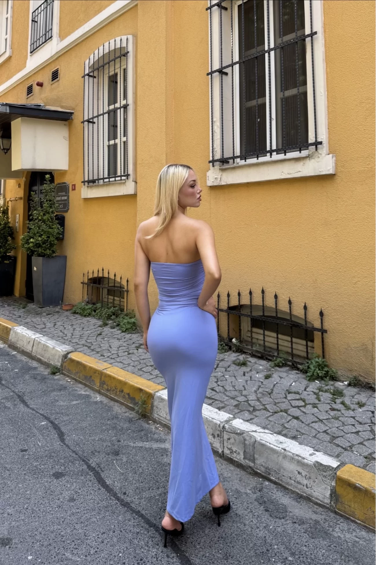 Kadın Mavi Straplez Elbise 1026-221730