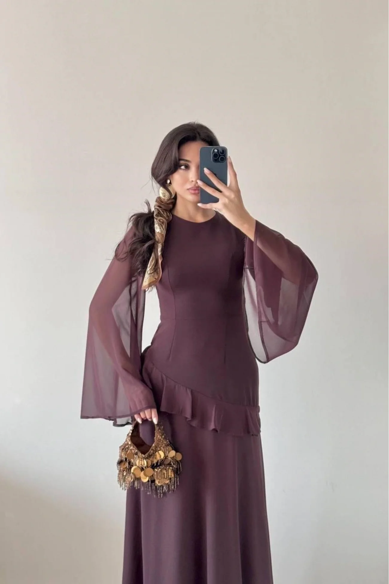 Kadın Mor Kol Ve Etek Şifon Bel Fırfırlı Elbise 1041-2697