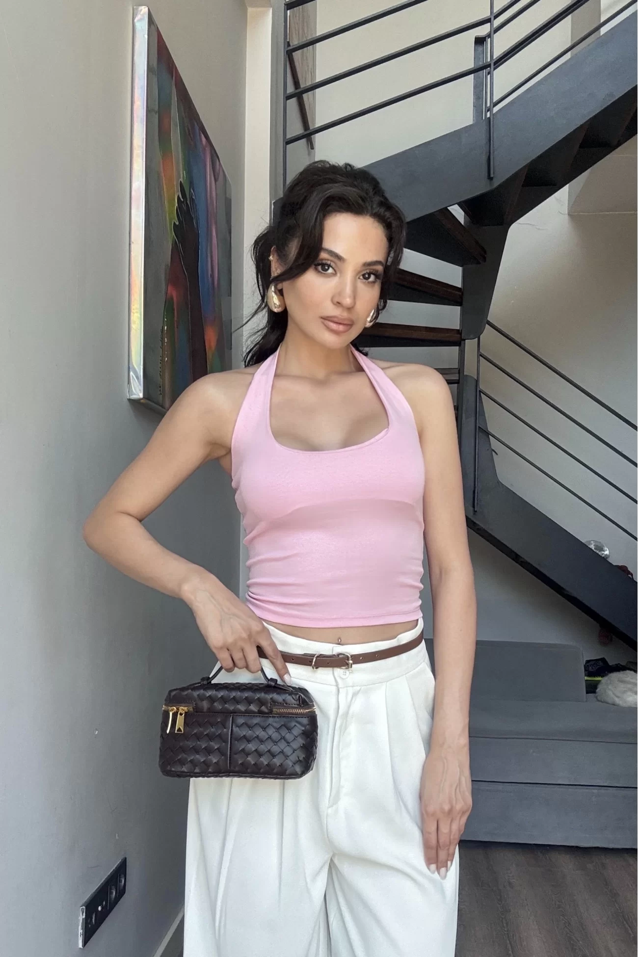 Kadın Pembe Halter Yaka Crop 0171