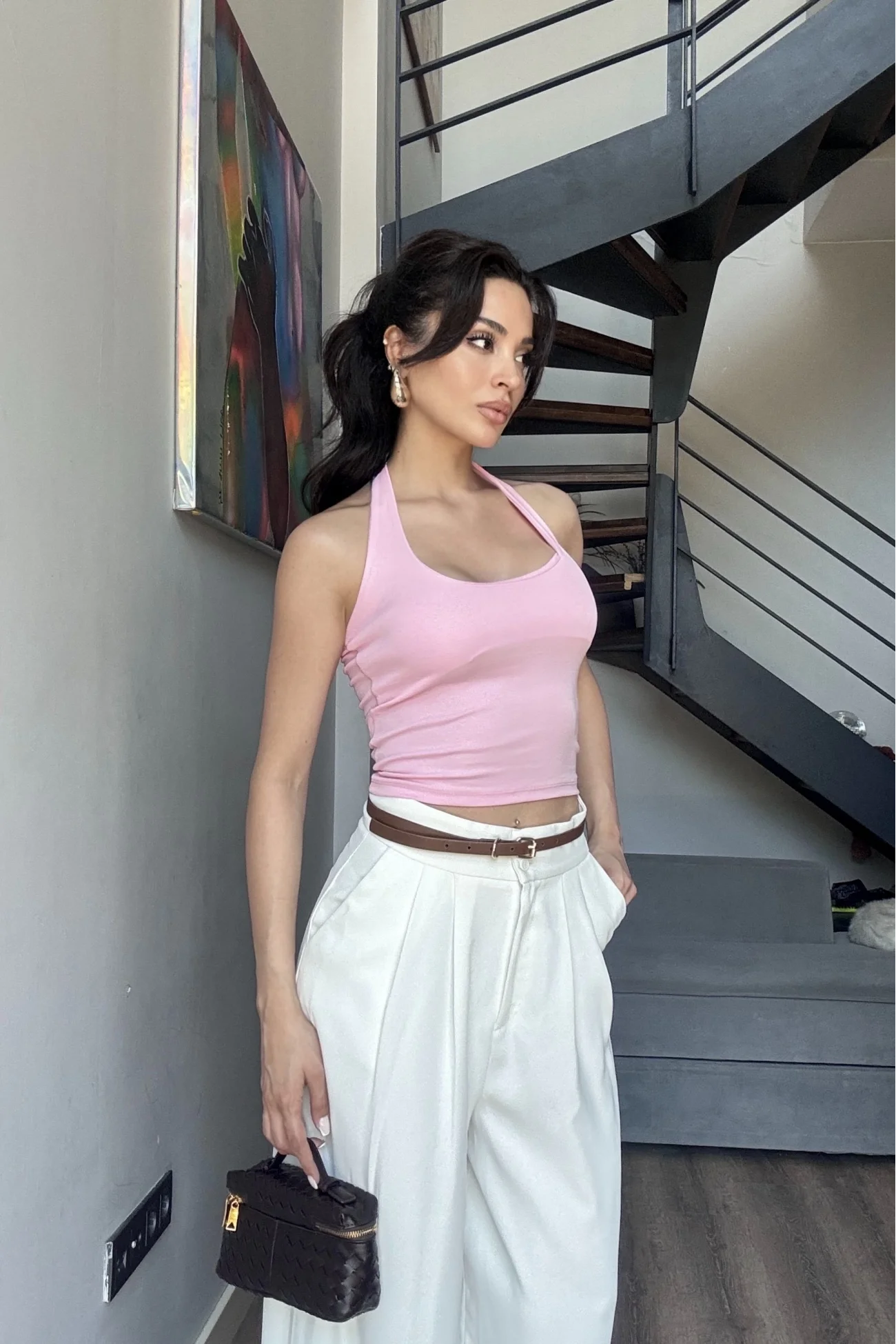 Kadın Pembe Halter Yaka Crop 0171