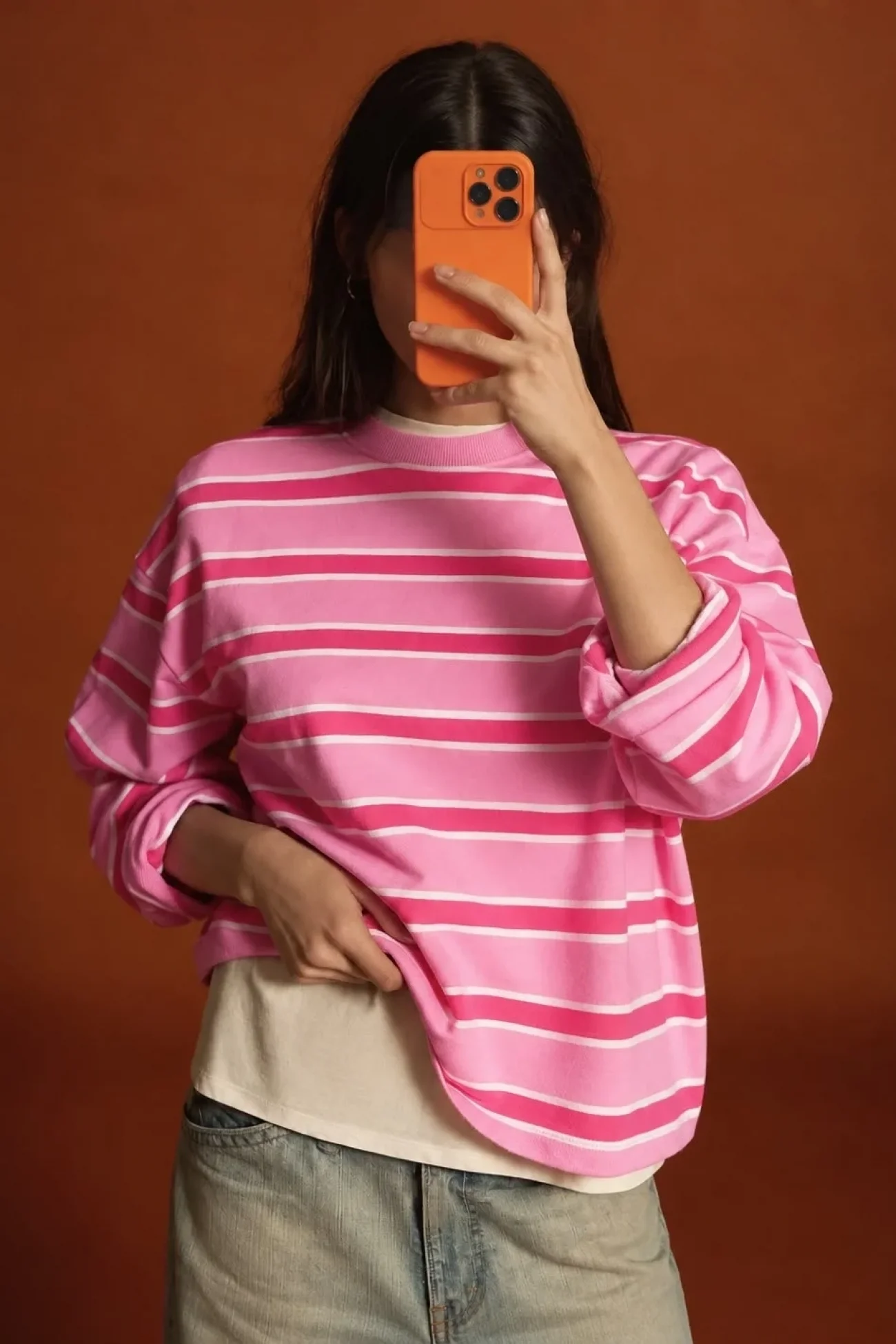 Kadın Pembe Çizgili Sweatshirt 13691