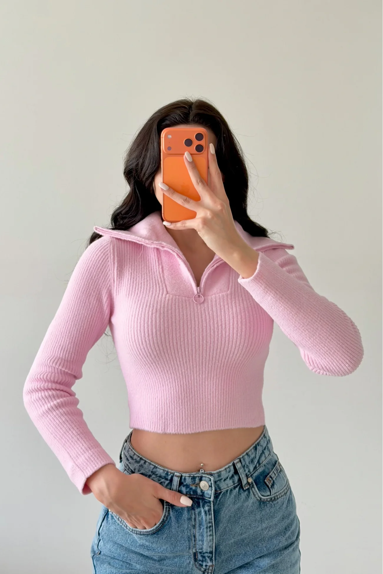 Kadın Pembe Crop Kazak 1014-2022