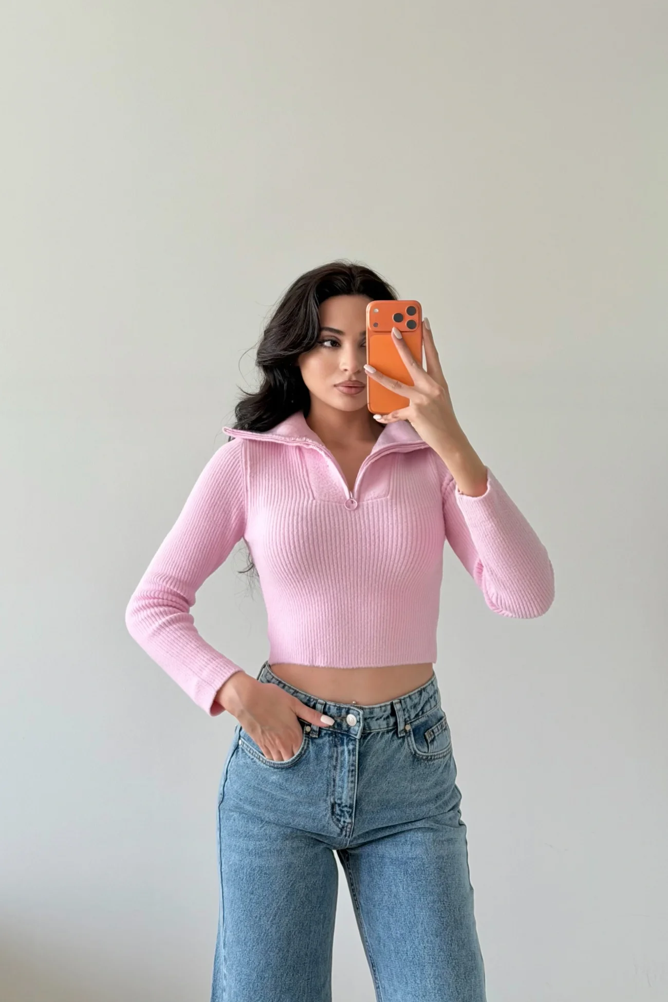 Kadın Pembe Crop Kazak 1014-2022