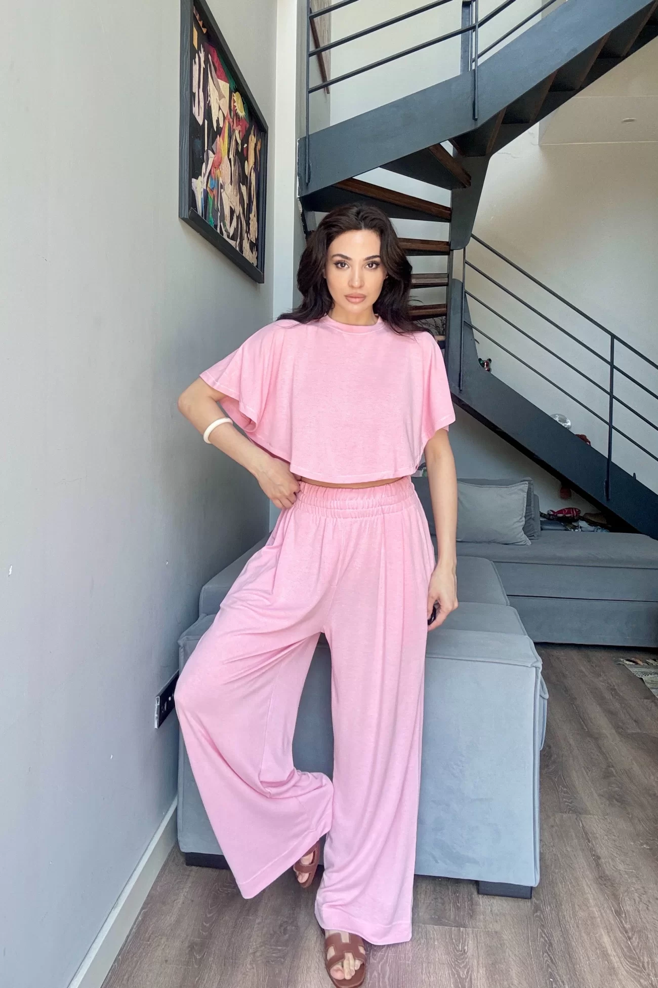 Kadın Pembe Crop Pantolon Takım 1017-0176