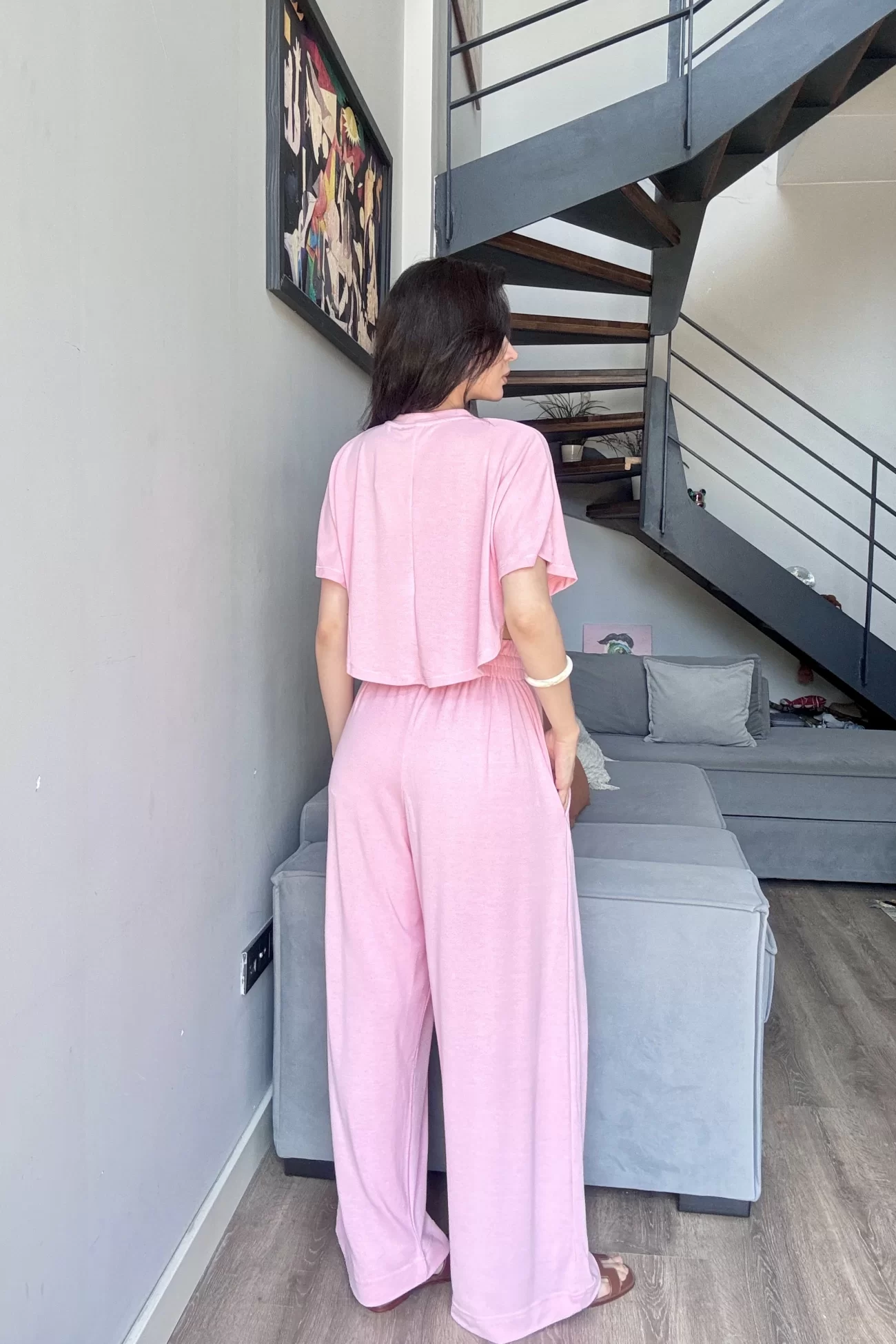 Kadın Pembe Crop Pantolon Takım 1017-0176