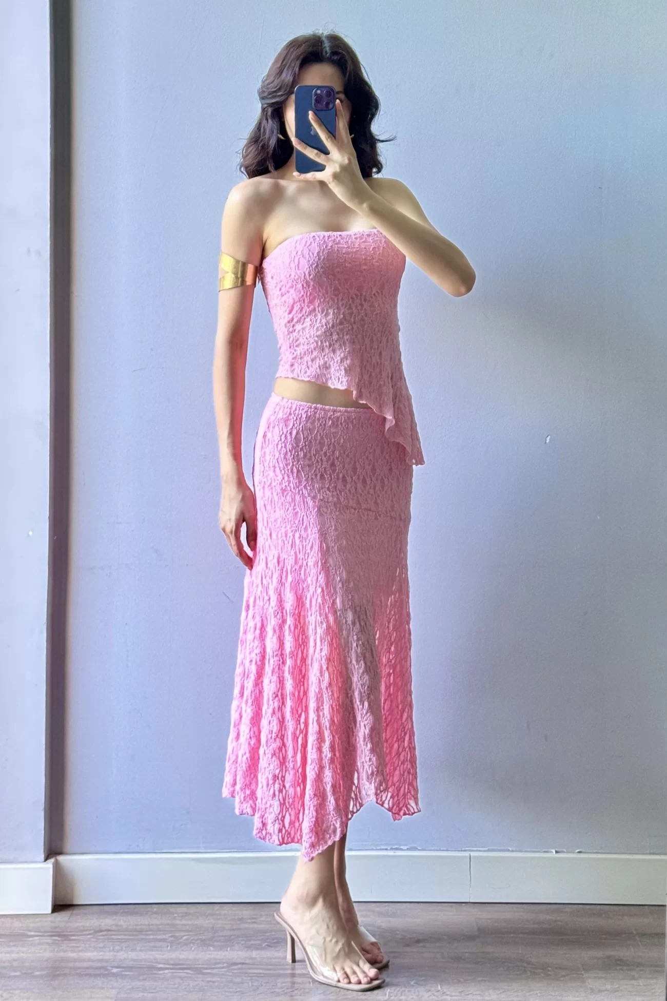 Kadın Pembe Dantel Crop Etek Takım 1026-221725