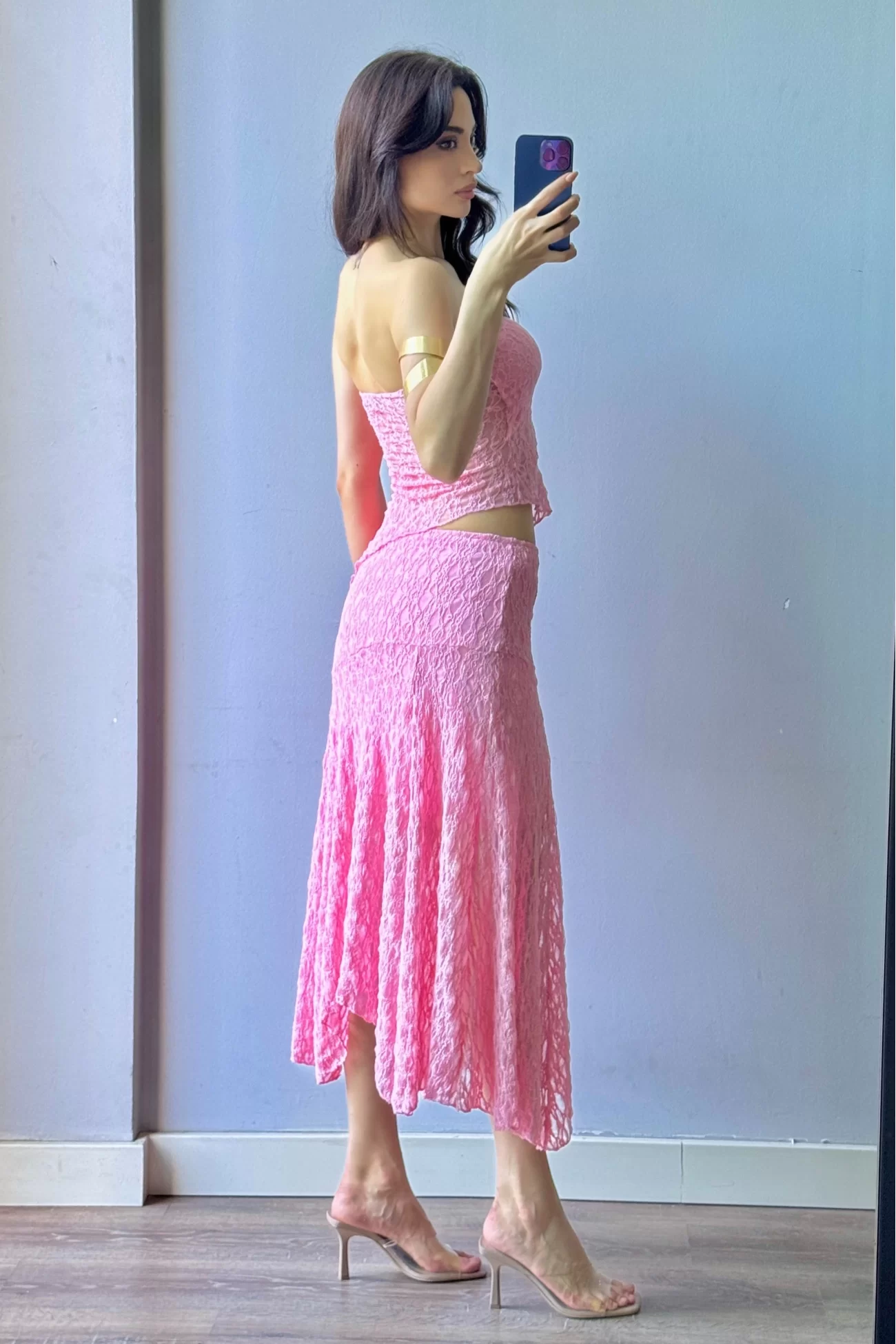 Kadın Pembe Dantel Crop Etek Takım 1026-221725