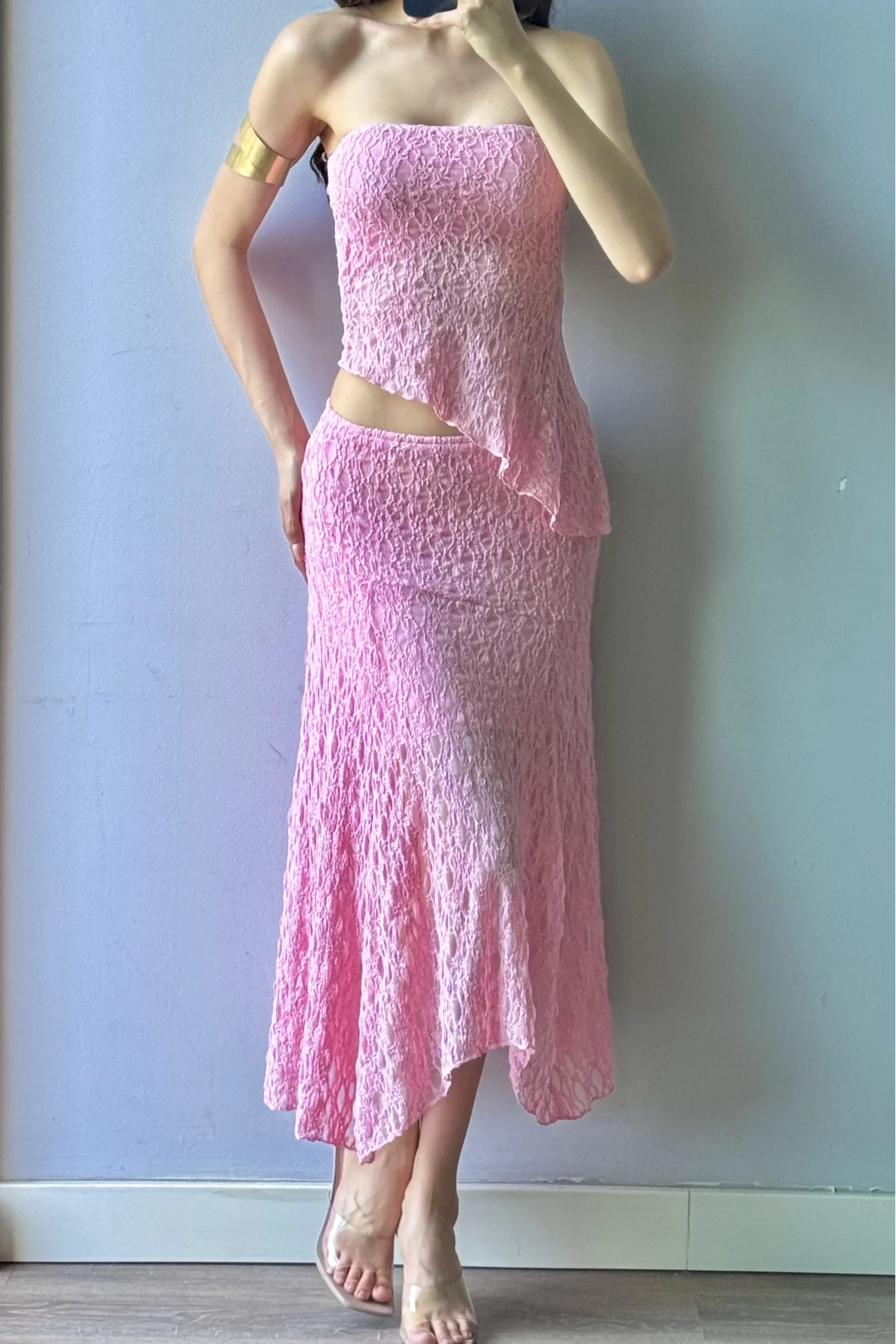 Kadın Pembe Dantel Crop Etek Takım 1026-221725