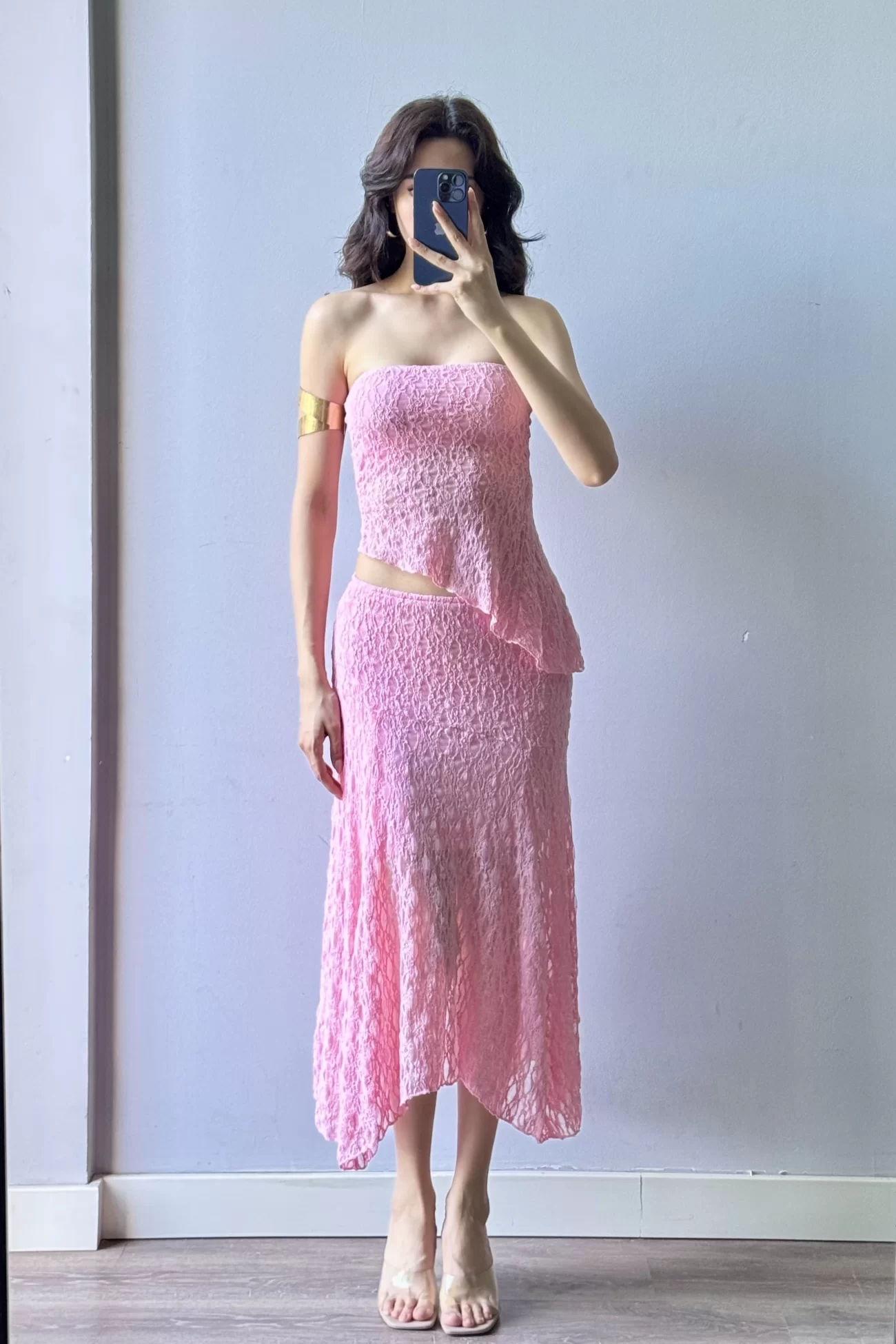 Kadın Pembe Dantel Crop Etek Takım 1026-221725