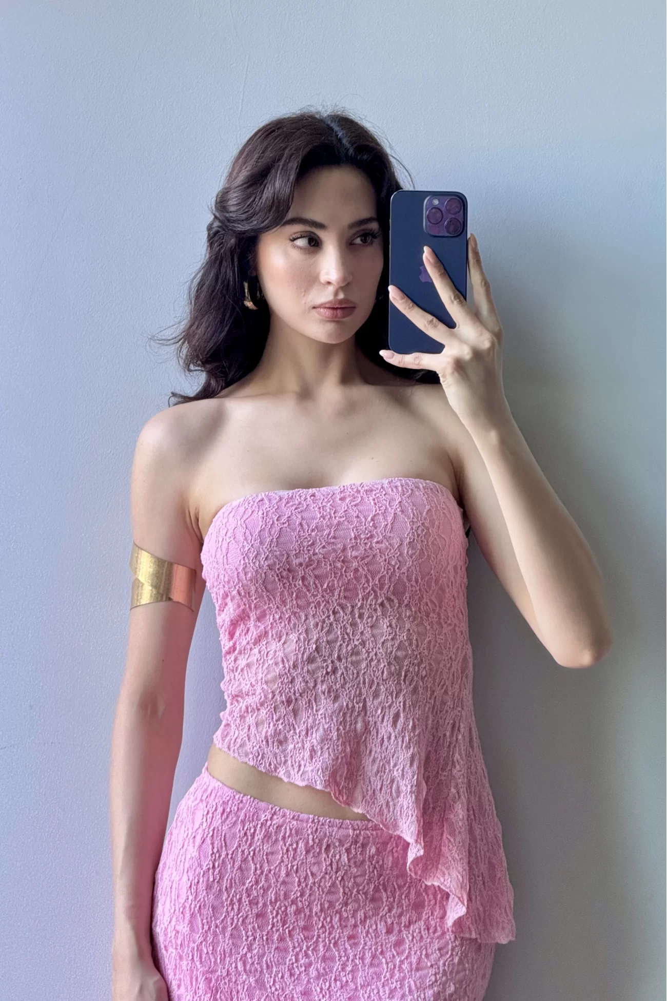 Kadın Pembe Dantel Crop Etek Takım 1026-221725